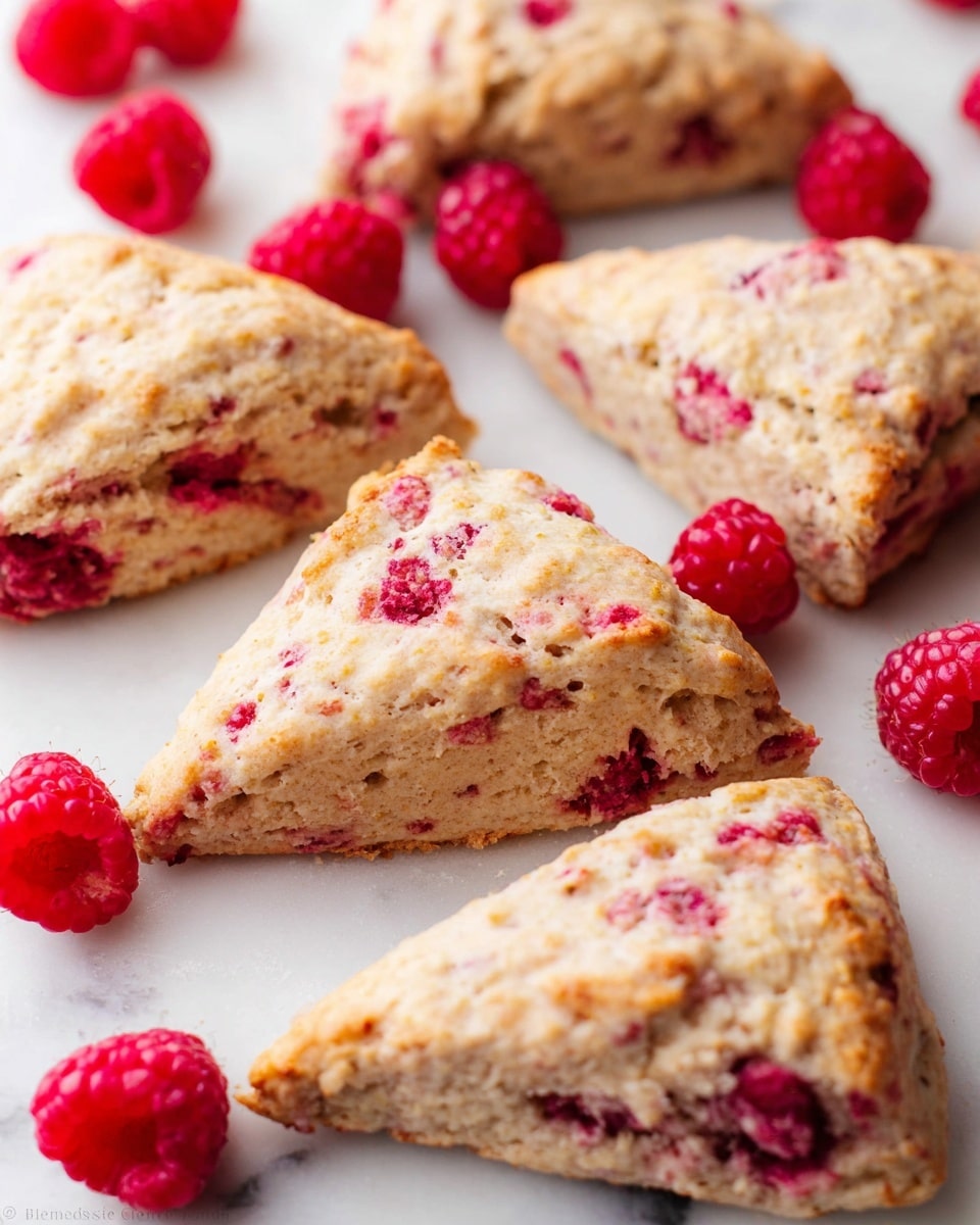 The image shows several triangular scones with a light golden-brown crust and visible pieces of red raspberries baked inside them. The scones have a slightly rough texture on the surface with some scattered raspberry bits peeking through. Around the scones, there are fresh whole raspberries placed on a white marbled surface. The scones are set close to each other but not stacked, showcasing the individual shapes and textures of each piece. Photo taken with an iphone --ar 4:5 --v 7