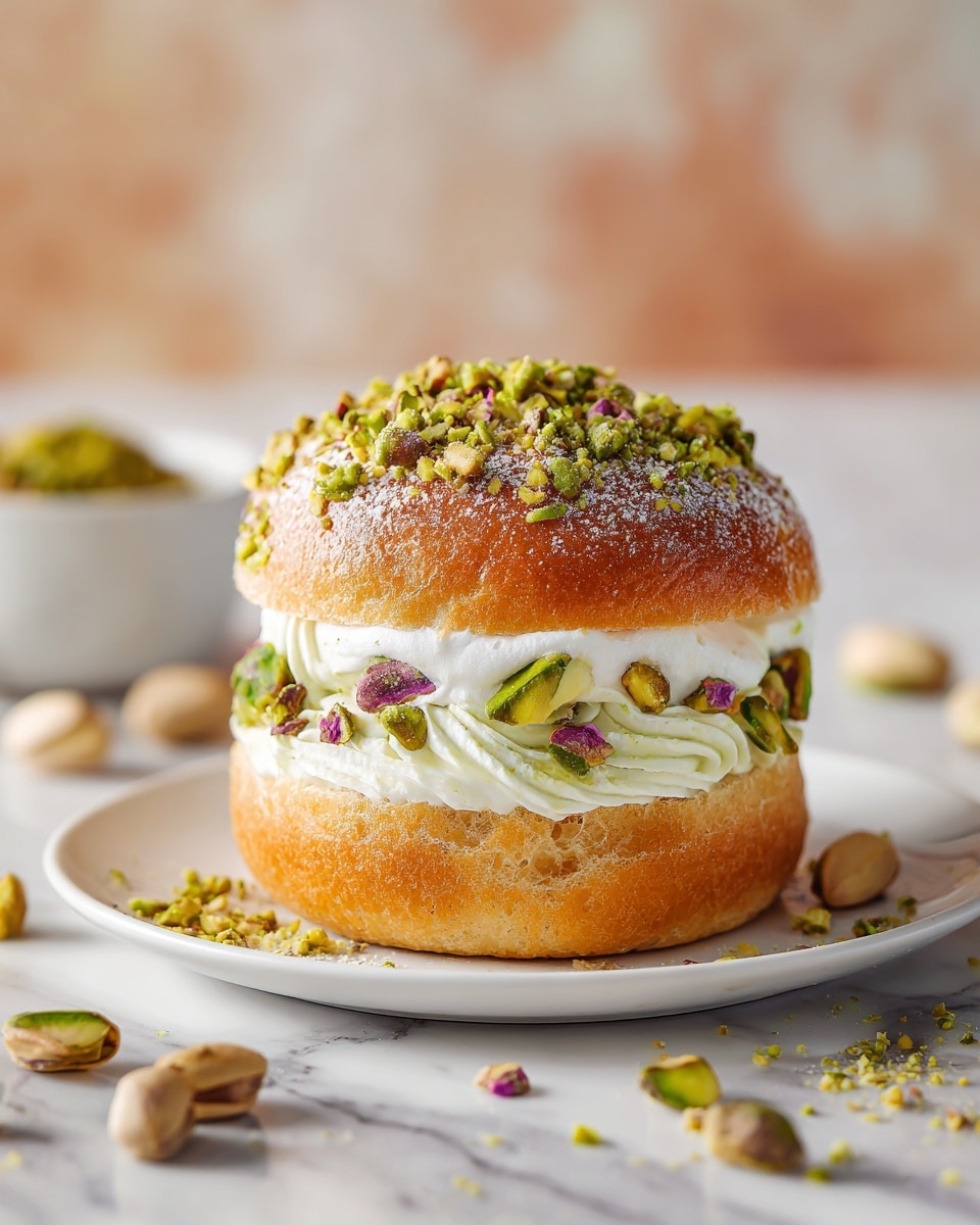 A close-up of a small sandwich-style pastry with three main layers: the bottom layer is a golden-brown soft bun, the middle layer is thick and fluffy white cream with light green swirls, and the top layer is another golden-brown bun sprinkled generously with crushed green pistachios and whole pistachio nuts of green and light purple shades. The pastry sits on a white plate on a white marbled surface with scattered whole pistachio nuts and crushed pistachio powder around it. The background is softly blurred with warm tones. photo taken with an iphone --ar 4:5 --v 7
