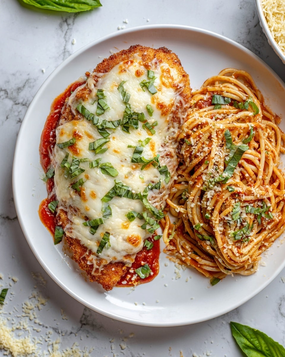 A white plate holds two main parts: on the left, a piece of chicken covered with a thick layer of melted white cheese with golden spots and sprinkled fresh green basil bits on top; underneath, a rich red tomato sauce peeks around the edges of the chicken, which has a light crispy brown texture visible at the sides. On the right, twisted pasta strands coated in red tomato sauce are mixed with small green basil pieces and grated light-colored cheese. The plate sits on a white marbled textured surface with scattered green basil leaves and small cheese crumbs nearby. photo taken with an iphone --ar 4:5 --v 7