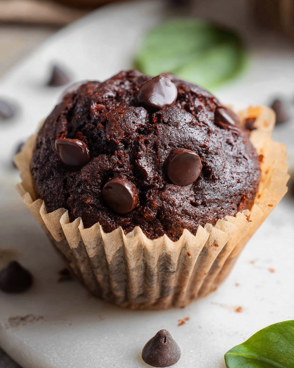 A close-up of a chocolate muffin sitting in an opened light brown paper liner on a white marbled surface, showing a rich, dark brown textured top with several glossy, round chocolate chips embedded on its surface. Around the muffin, there are a few loose chocolate chips and blurred green leaves behind it, adding a fresh touch. The muffin itself is thick and slightly cracked, giving it a moist, dense look. Photo taken with an iphone --ar 4:5 --v 7