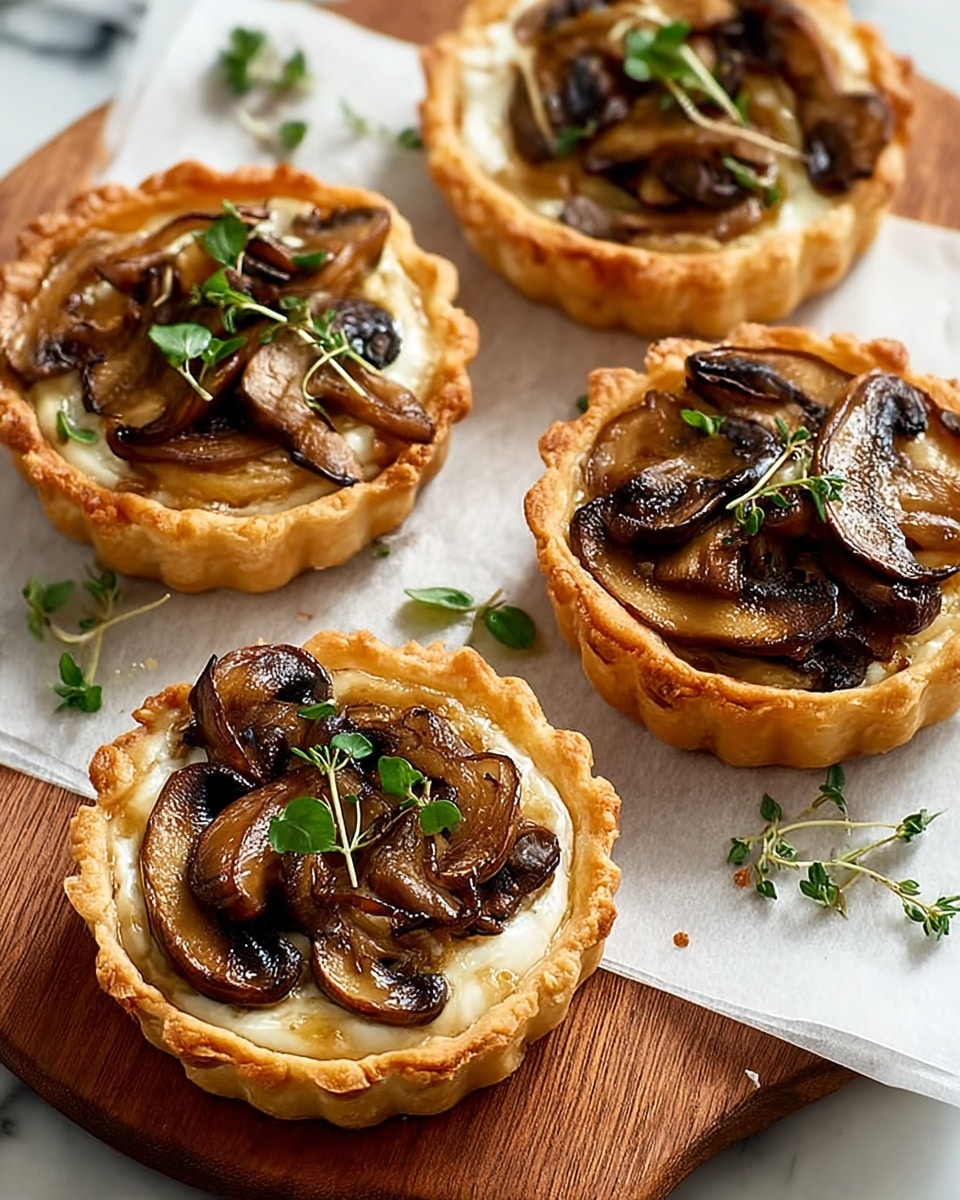 Four small tarts sit on a sheet of white parchment paper over a wooden board, placed on a white marbled surface. Each tart has a golden, flaky crust with a crimped edge. Inside, there is a creamy white base layer topped with sautéed mushrooms that are browned and slightly glossy. Small green herb sprigs rest on top of the mushrooms and around the tarts, adding a fresh touch. The scene is close up, showing the texture of the crust and mushrooms clearly. photo taken with an iphone --ar 4:5 --v 7