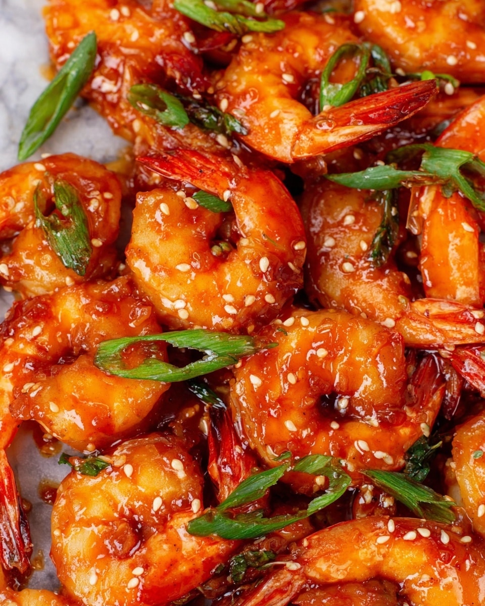 The image shows a close-up of cooked shrimp covered in a shiny, reddish-orange sauce with a slightly thick texture. The shrimp are arranged closely together, each with a glossy look, tail still attached and showing bright red tips. There are green pieces scattered around, thinly sliced scallions adding a fresh touch, and light brown sesame seeds sprinkled on top. The dish surface has a white marbled texture barely visible under the shrimp. photo taken with an iphone --ar 4:5 --v 7
