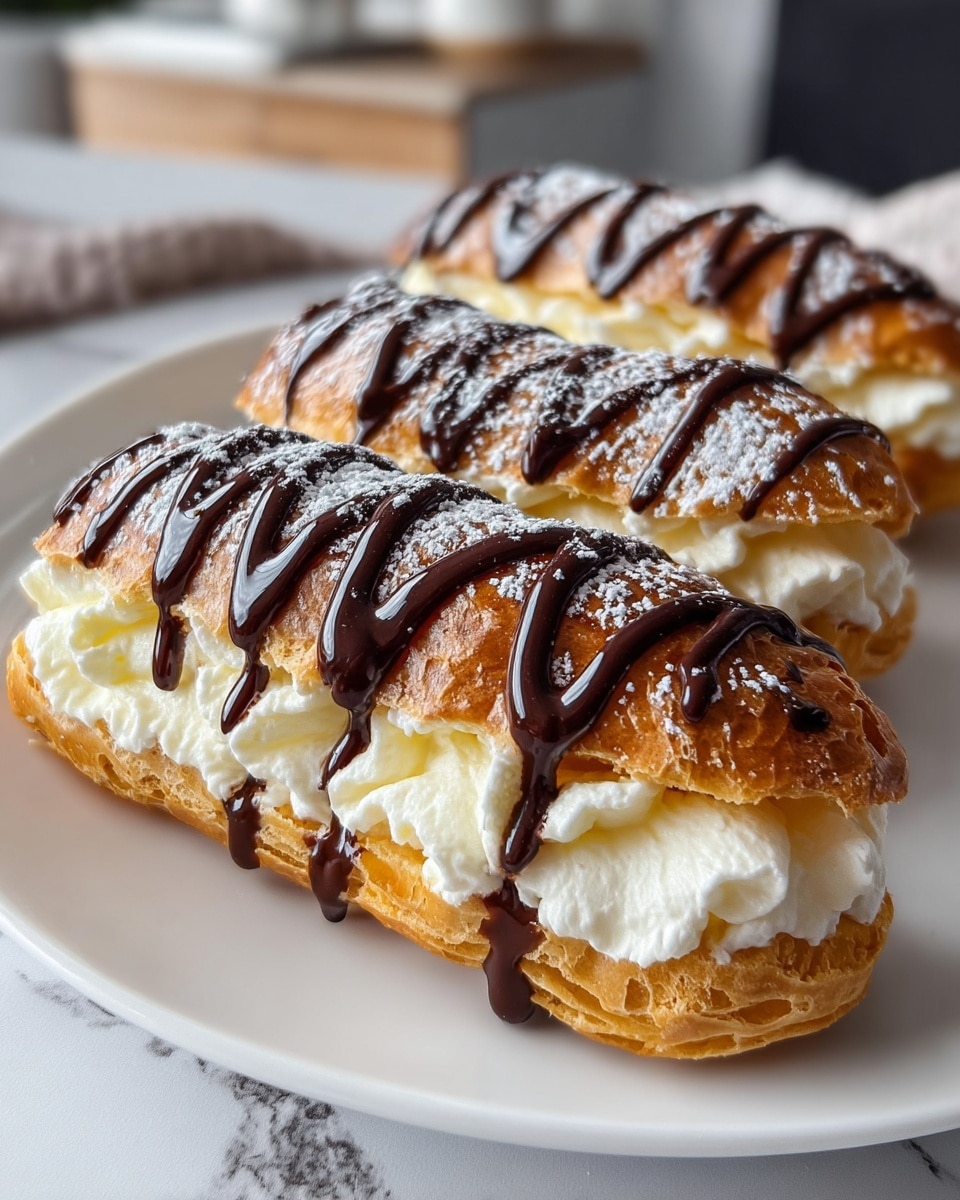 The image shows three cream-filled eclairs on a white plate with a white marbled surface underneath. Each eclair has a golden brown choux pastry base, split horizontally with a thick layer of fluffy, white whipped cream in the middle. The top pastry layer is drizzled with dark, shiny chocolate sauce in thin stripes, and a light dusting of powdered sugar is sprinkled over the chocolate. The eclairs are close together, with glossy chocolate slightly dripping down the sides of the pastries. In the background, an out-of-focus cozy kitchen adds depth to the image. photo taken with an iphone --ar 4:5 --v 7