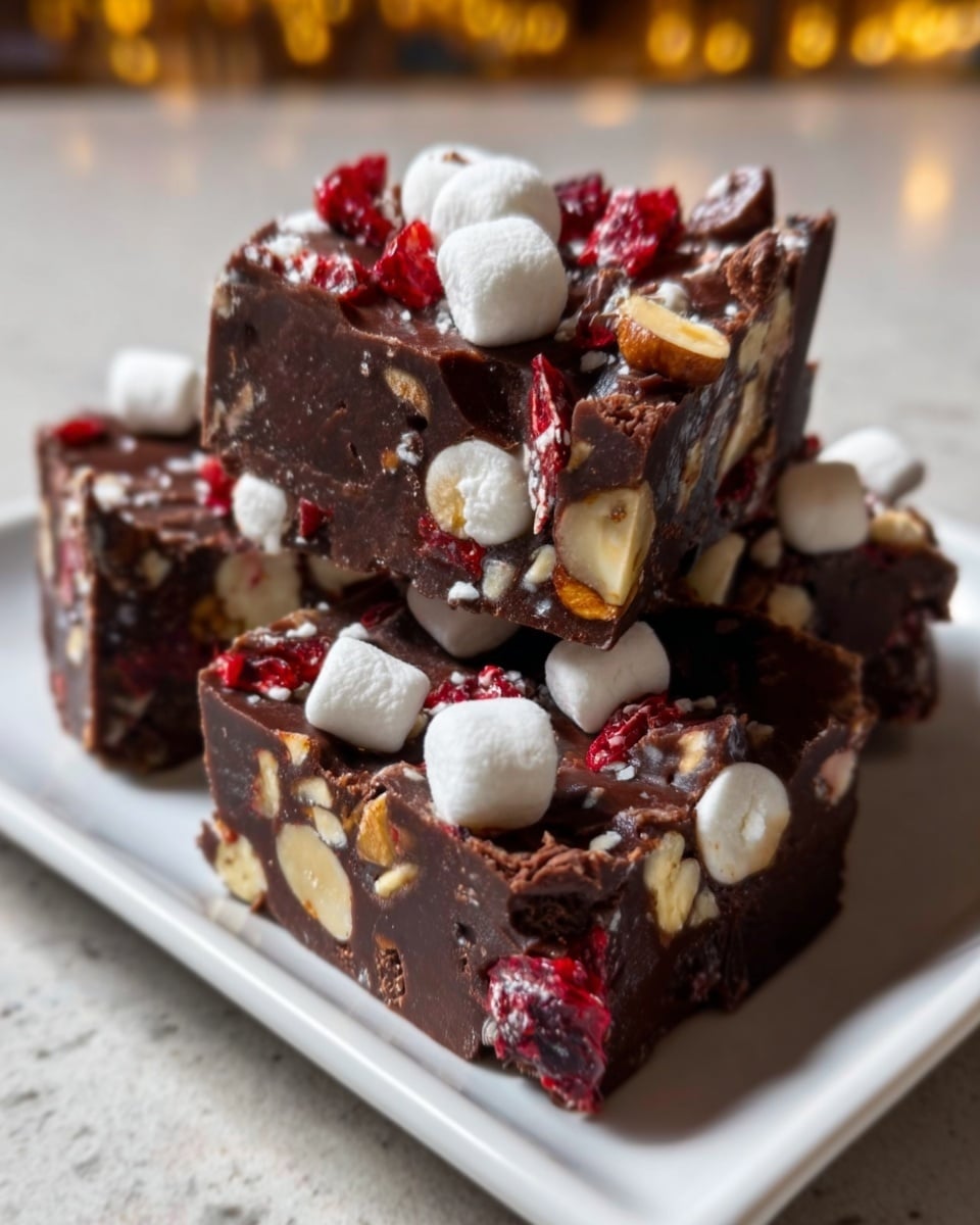 The image shows three thick squares of rich, dark chocolate fudge stacked on a white rectangular plate. Each fudge piece is filled with small white marshmallows, crunchy nuts, and bits of red fruit or candy, giving a colorful texture throughout. The top layer is shiny and smooth chocolate, dotted with extra marshmallows, nuts, and red fruit pieces, adding a rough and festive look. The plate sits on a white marbled surface with a blurry background of warm tones. The lighting highlights the glossy chocolate and the soft marshmallows. photo taken with an iphone --ar 4:5 --v 7