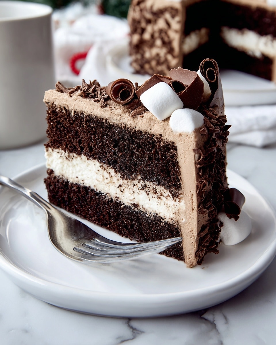 A piece of cake with four layers placed on a white plate on a white marble surface. The bottom, middle, and top layers are dark chocolate sponge with a rough, moist texture. Between each chocolate layer is a layer of white cream, soft and fluffy. The outside of the cake is covered in smooth light brown chocolate frosting. On the side of the cake, there are dark brown chocolate curls attached to the frosting and two white marshmallows, one right next to the cake and another on the plate. A silver fork is also on the plate, touching the side of the cake. In the background, another slice of cake and a mug can be seen blurred. photo taken with an iphone --ar 4:5 --v 7