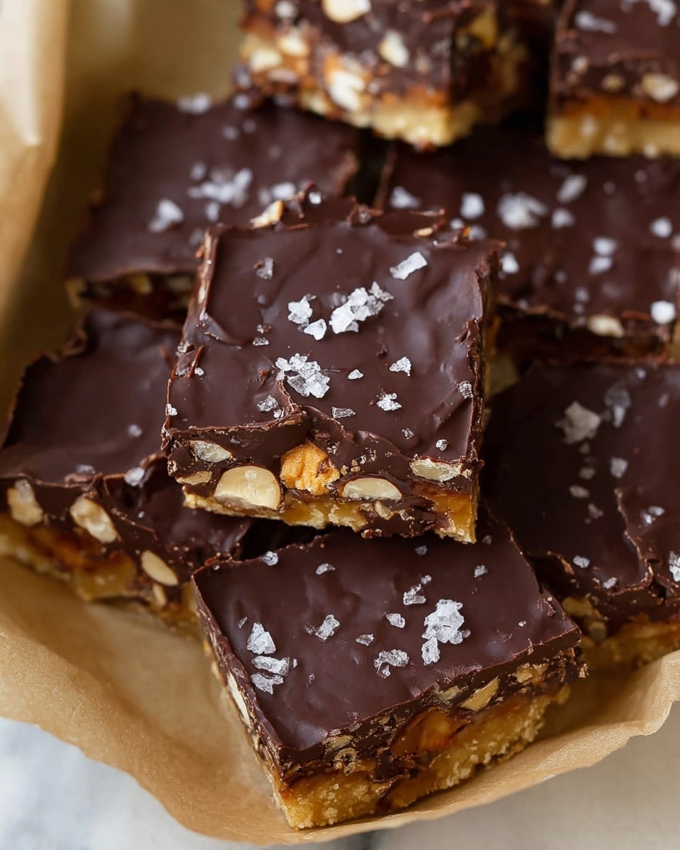 A close-up image of several chocolate-covered dessert squares arranged on a piece of parchment paper over a white marbled surface. Each square has three visible layers: a bottom layer of light brown, crumbly cookie or biscuit; a middle layer with a creamy, off-white filling mixed with small bits of nuts; and a thick, dark brown glossy chocolate layer on top, sprinkled with some nut pieces. The dessert pieces are cut unevenly, showing a rich texture in each layer. photo taken with an iphone --ar 4:5 --v 7