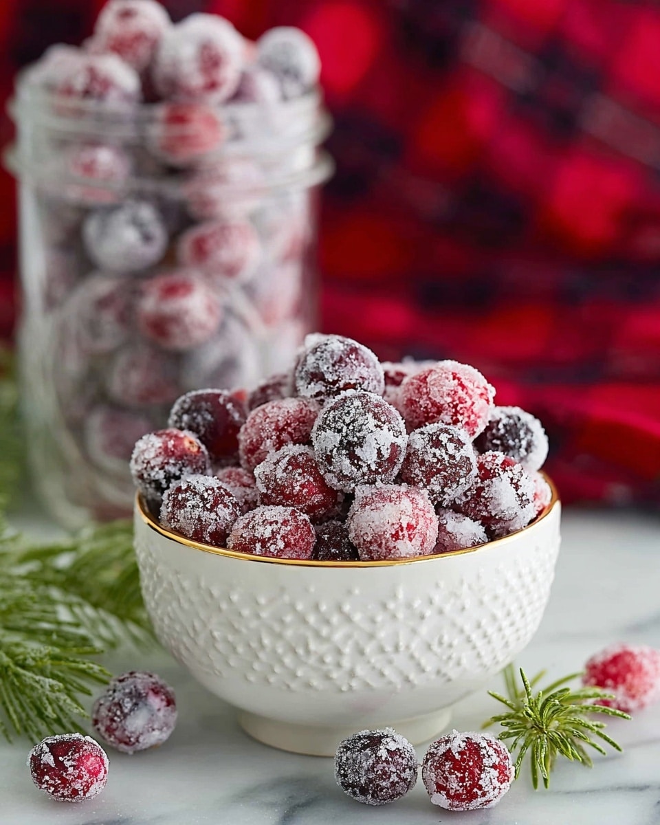 A white bowl with textured patterns and a gold rim is filled with small round cranberries covered in white sugar crystals, showing a mix of red and dark red shades. Some sugared cranberries are scattered on a white marbled surface in front of the bowl, with a few green pine sprigs nearby. Behind the bowl is a clear glass jar also filled with cranberries coated in sugar, and a red tartan cloth is softly blurred in the background. Photo taken with an iphone --ar 4:5 --v 7