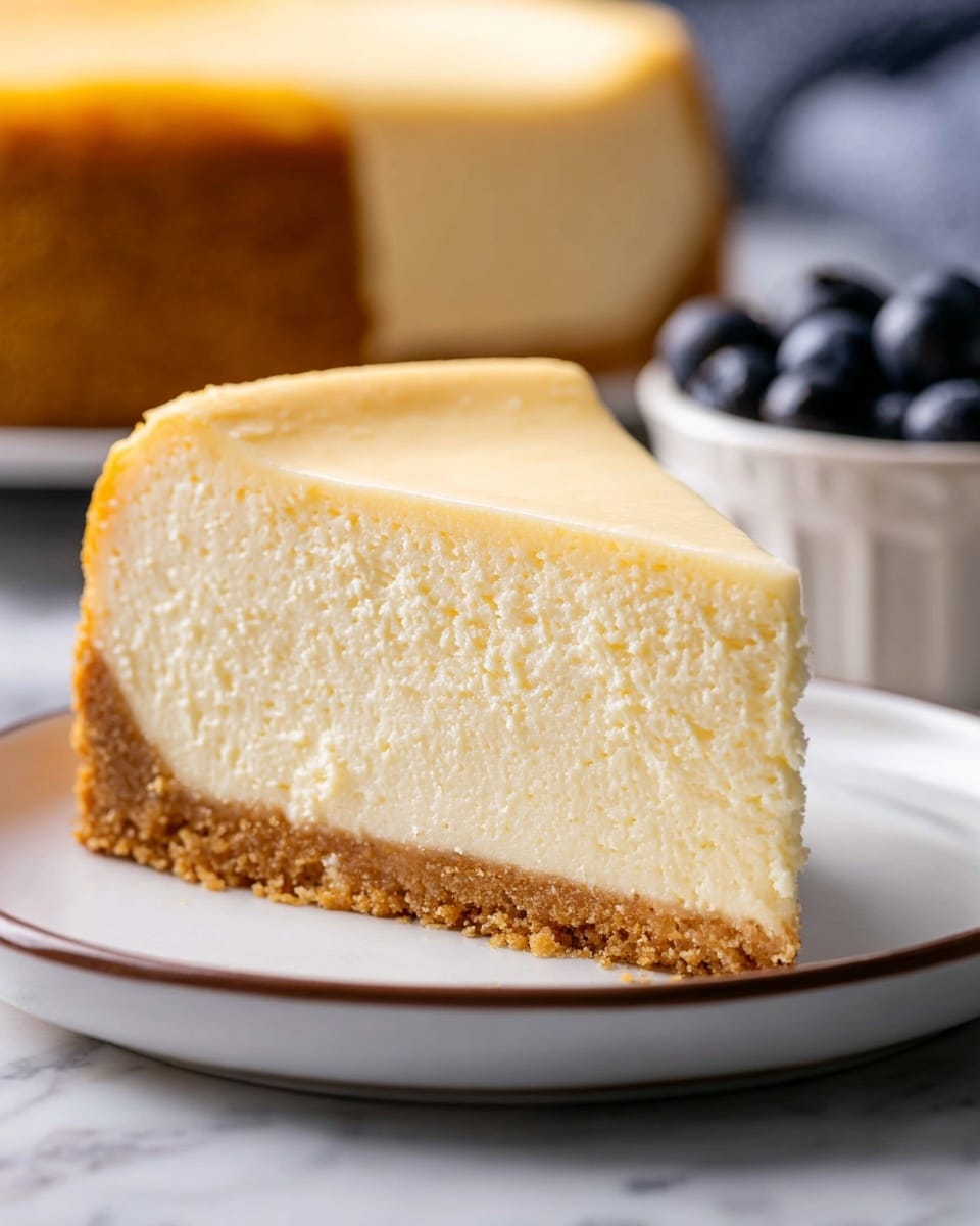 The image shows a close-up of a single slice of cheesecake on a white plate with a thin brown rim, placed on a white marbled surface. The cheesecake has two main layers: the bottom layer is a crumbly, golden-brown crust, while the thick upper layer is smooth, creamy, and pale yellow. The top of the cheesecake has a very light, slightly glossy finish. In the blurred background, there is a white bowl filled with dark blue blueberries and a partial view of the remaining cheesecake. The image captures rich textures and contrasting colors, emphasizing the cheesecake slice’s creamy and crumbly layers. photo taken with an iphone --ar 4:5 --v 7