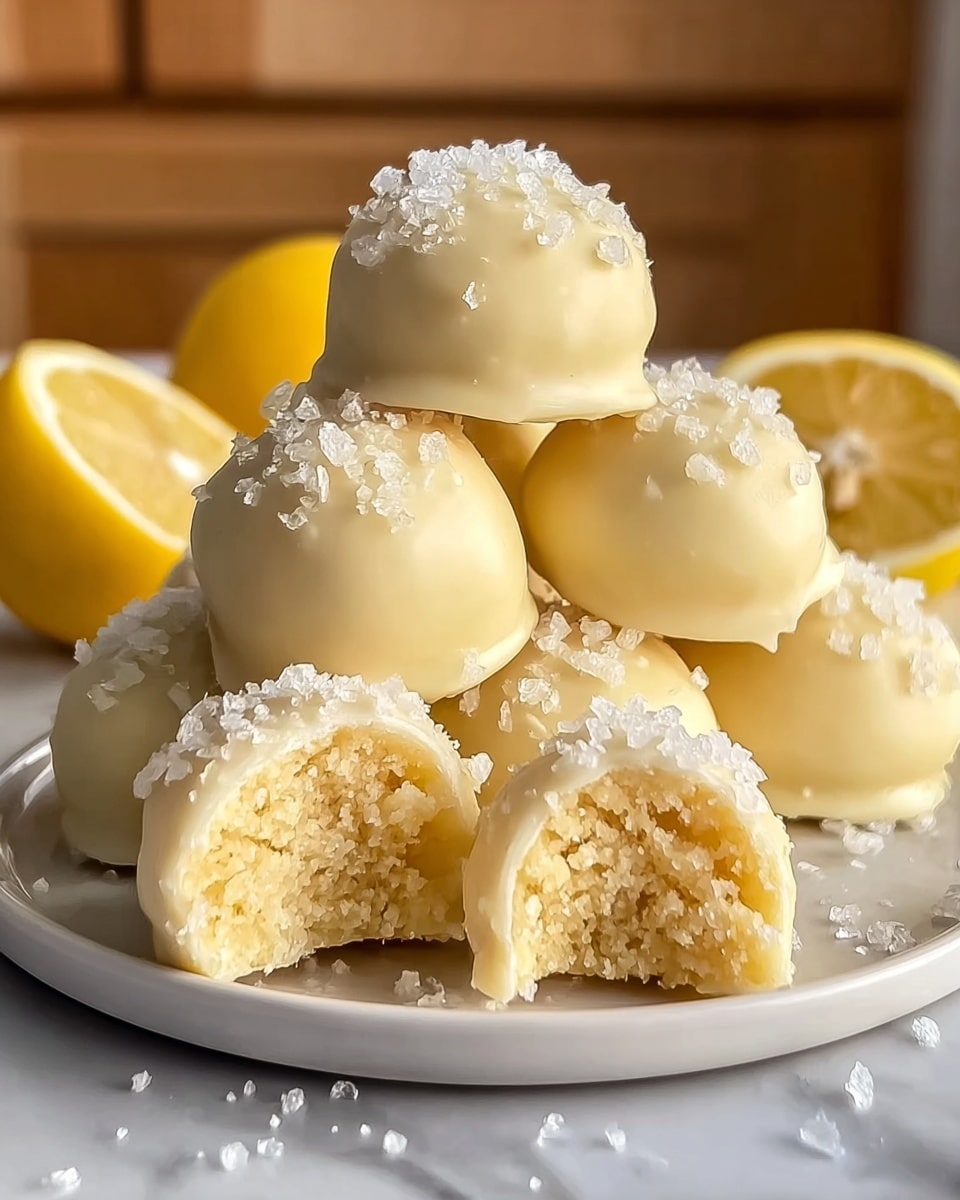 A stack of round, small cookies with a smooth, light yellow coating sits on a white marbled surface. The cookies have a soft, slightly rough texture with tiny white sugar crystals sprinkled on top. One broken cookie at the top shows a crumbly, pale yellow inside with a soft sweet filling. In the background, whole bright yellow lemons add a fresh, natural touch. The light is soft and warm, highlighting the smoothness and delicate texture of the cookies. photo taken with an iphone --ar 4:5 --v 7