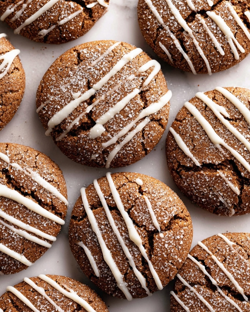 A close-up image showing seven round, cracked cookies spread across a white marbled surface. Each cookie has a rough, textured dark brown base with fine granulated sugar sprinkled over it, creating a sparkling effect. On top, thin, uneven white icing lines run diagonally across each cookie, adding contrast to the darker cookie base. The cookies are arranged closely but not touching, creating a natural, casual layout. photo taken with an iphone --ar 4:5 --v 7