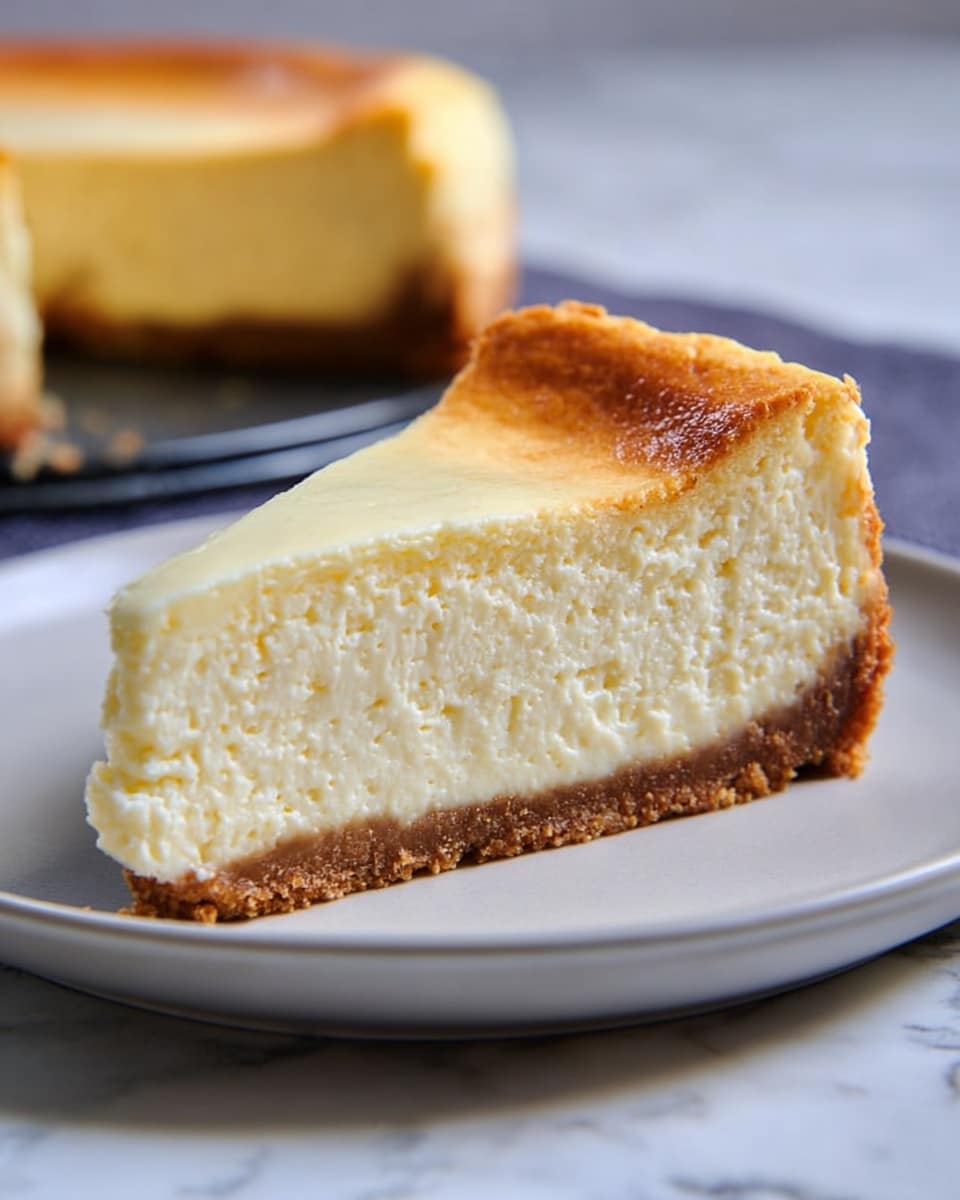 A slice of cheesecake is shown on a white plate, sitting on a white marbled surface. The cheesecake has two main layers: a thick, creamy, pale yellow top layer with a smooth yet fluffy texture and a golden-brown baked edge around the top, and a thinner, dense brown crust at the bottom that appears crumbly. In the background, part of the remaining cheesecake is slightly blurred. The lighting highlights the soft texture of the cheesecake and the contrast between the creamy filling and the crumbly crust. Photo taken with an iphone --ar 4:5 --v 7