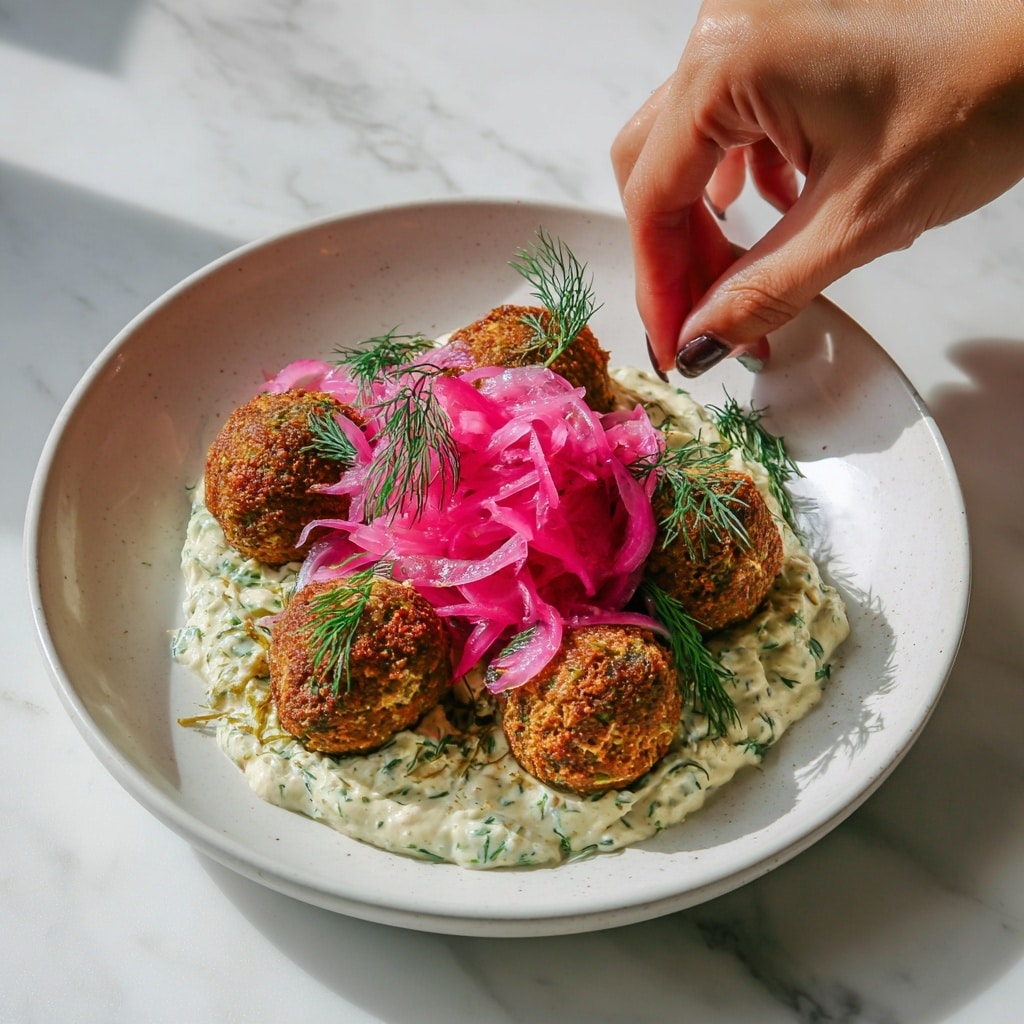 A white plate holds a dish with three dark brown falafel balls on top of a creamy white sauce mixed with green herbs. Above the falafels, there is a layer of thinly sliced, bright pink pickled onions with some small green herb sprigs scattered on top, adding contrast. Everything is placed on a white marbled surface, giving a fresh look. Photo taken with an iphone --ar 4:5 --v 7