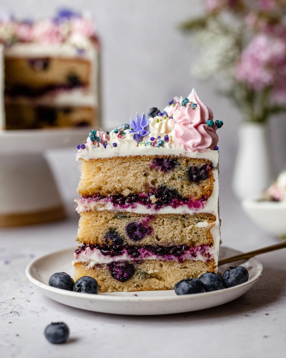 A slice of three-layer blueberry cake sits on a white plate with a few fresh blueberries on the side. Each cake layer is golden brown with visible blueberries baked inside. Between the cake layers are thick layers of white cream and dark purple blueberry jam. The cake is frosted with white cream on the outside and decorated on top with pink and white swirled cream rosettes and small blue edible flowers. The background shows a soft focus of another cake on a white cake stand and some flowers in a white vase, all on a white marbled surface. photo taken with an iphone --ar 4:5 --v 7