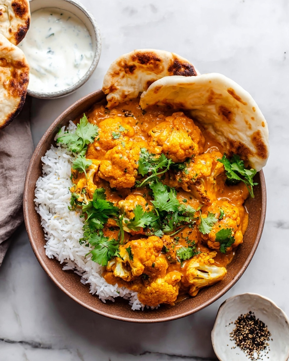 A bowl filled with a base layer of white rice topped with a rich, creamy orange curry containing pieces of cauliflower. The curry is garnished with fresh green cilantro leaves scattered on top. Two pieces of lightly browned flatbread rest on the side of the bowl, slightly leaning over the curry. The bowl is set on a white marbled surface with a small white dish of yogurt and a small white dish containing coarse black pepper nearby. Photo taken with an iphone --ar 4:5 --v 7