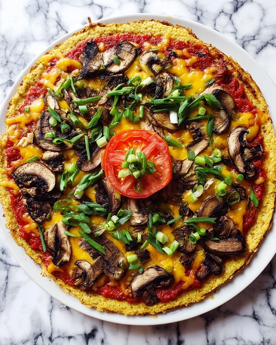 The image shows a round pizza with one main layer of tomato sauce spread over the crust, giving it a bright red base. On top, there is a layer of melted yellow cheese scattered unevenly. Dark brown cooked mushroom slices and bright green chopped scallions are spread across the pizza, with a large slice of tomato placed in the center as a focal point. The crust is golden brown and lightly textured. The pizza is placed on a white plate set on a white marbled surface. Photo taken with an iphone --ar 4:5 --v 7