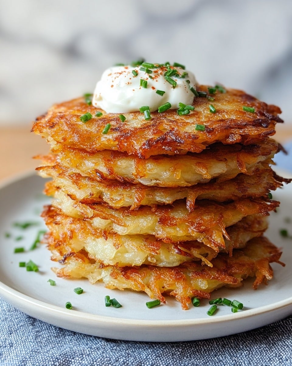 A tall stack of five golden-brown potato pancakes sits on a white plate, each pancake showing a crispy, textured surface with some shredded potato pieces visible around the edges. On top of the stack, there is a dollop of white sour cream garnished with small green chopped chives and a light sprinkle of red seasoning. The background is a soft-focus white marbled texture and a blurred cloth is present on the right side. Photo taken with an iphone --ar 4:5 --v 7
