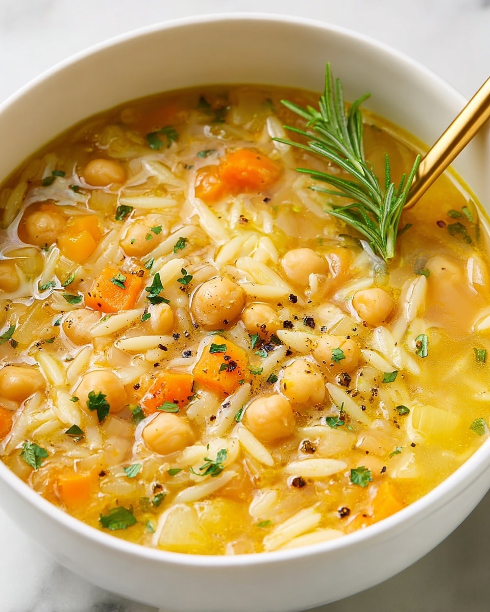 A close-up of a white bowl filled with a thick soup, showing visible layers of ingredients including small pieces of orange carrots, light beige chickpeas, translucent white onion, and orzo pasta in a golden-yellow broth. The soup is garnished with chopped green herbs and a few cracked black pepper flakes, with a sprig of fresh rosemary placed on top near a gold spoon inside the bowl. The bowl sits on a white marbled surface. photo taken with an iphone --ar 4:5 --v 7