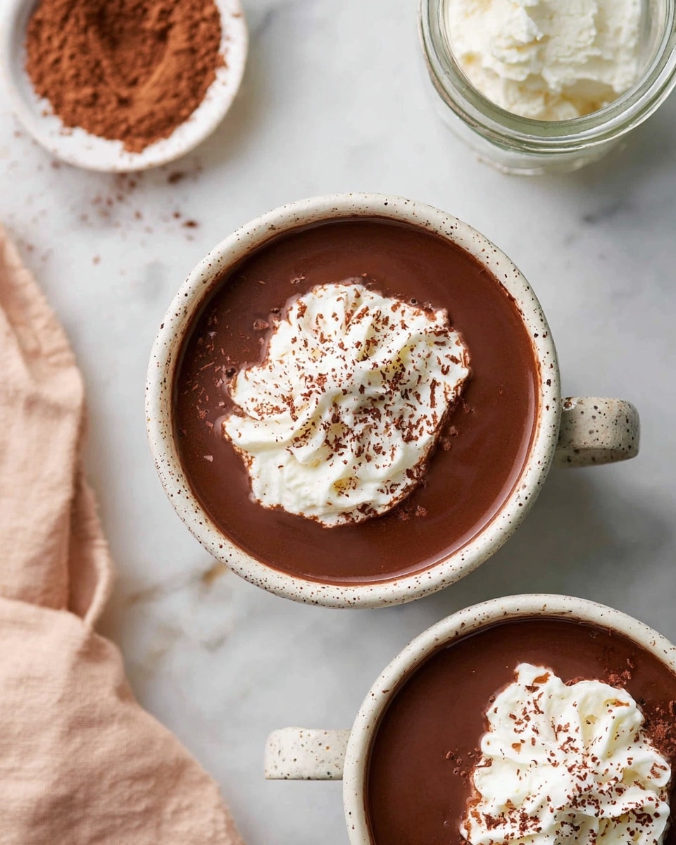 Two speckled white mugs filled with rich, smooth dark brown hot chocolate are shown from the top on a white marbled surface. Each mug has a swirl of bright white whipped cream centered on top, sprinkled lightly with fine cocoa powder. One mug is fully visible in the bottom center, while the corner of the second mug appears in the upper right. Nearby, there is a glass jar and a small white bowl filled with cocoa powder, with a soft beige cloth folded to the left side. The overall look is warm and inviting with a simple, clean background. photo taken with an iphone --ar 4:5 --v 7