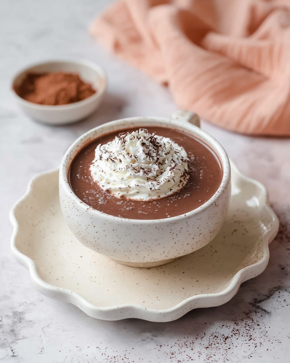 A white speckled mug filled with smooth, dark brown hot chocolate topped with a swirl of white whipped cream sprinkled lightly with cocoa powder sits on a matching white speckled plate with a wavy edge. Behind the mug is a small bowl of cocoa powder and a soft peach cloth on a white marbled textured surface. Photo taken with an iphone --ar 4:5 --v 7