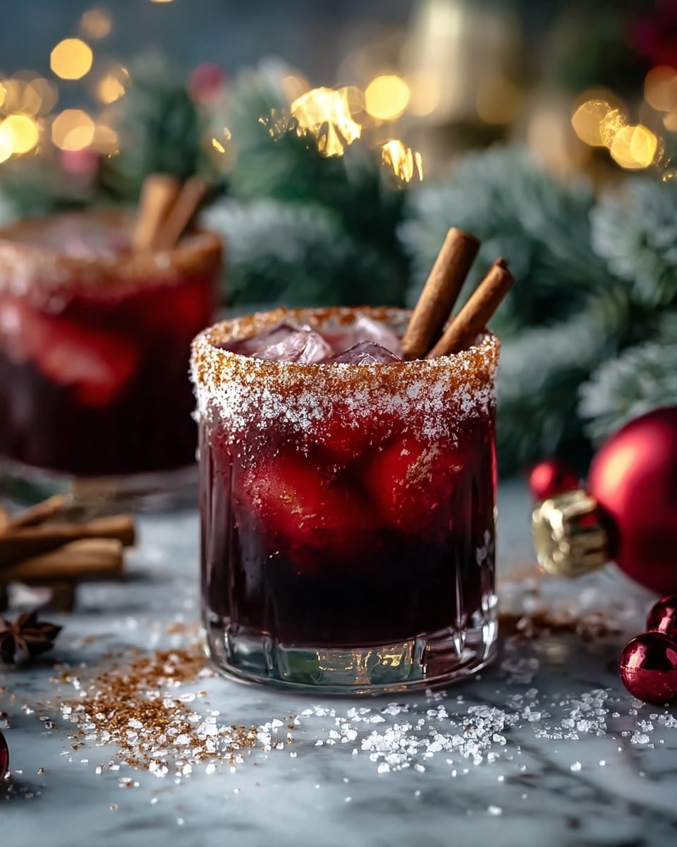 A short clear glass filled with dark red liquid, ice cubes visible inside, rimmed with a mix of granulated white sugar and brown spice, two whole cinnamon sticks standing upright inside the drink near the rim; the glass sits on a white marbled surface speckled with coarse salt and spices, with blurred Christmas tree branches and warm glowing lights in the background, along with red shiny ornaments and cinnamon sticks spread around. photo taken with an iphone --ar 4:5 --v 7