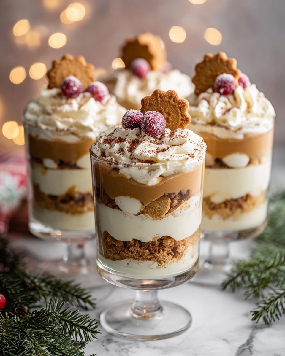 The image shows four clear glass dessert cups filled with a layered trifle-like dessert. Each glass has five visible layers, starting from the bottom with a smooth brown caramel or butterscotch base, followed by a creamy white layer, then a crunchy light brown crumble mixed with small cookie pieces, another creamy white layer, and topped with fluffy whipped cream dusted with cocoa powder. On top, each dessert is decorated with a golden brown small cookie and a bright red sugared cranberry. The glasses stand on a white marbled surface with soft, warm blurred lights in the background and some green pine branches in the foreground, creating a cozy, festive feel. Photo taken with an iphone --ar 4:5 --v 7