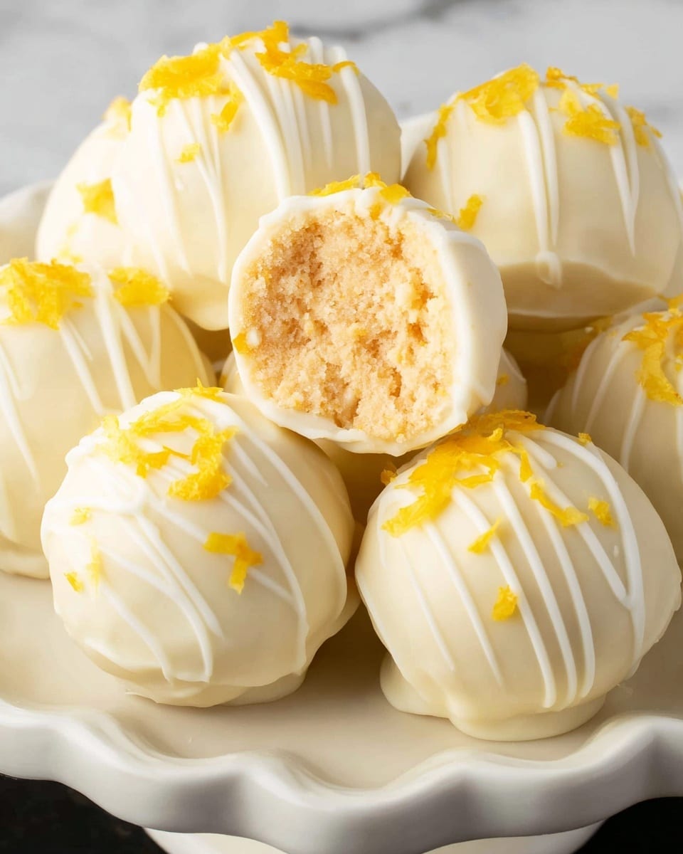 A group of round lemon truffle balls, about seven, are shown on a white scalloped-edged plate placed on a white marbled surface. Each ball is coated with a smooth layer of shiny white chocolate, topped with thin, bright yellow lemon zest strips scattered neatly on the surface. One truffle is bitten open, showing a soft, peach-colored creamy center with a slightly grainy texture. The truffles have thin white chocolate drizzle lines on top, adding a decorative effect. photo taken with an iphone --ar 4:5 --v 7