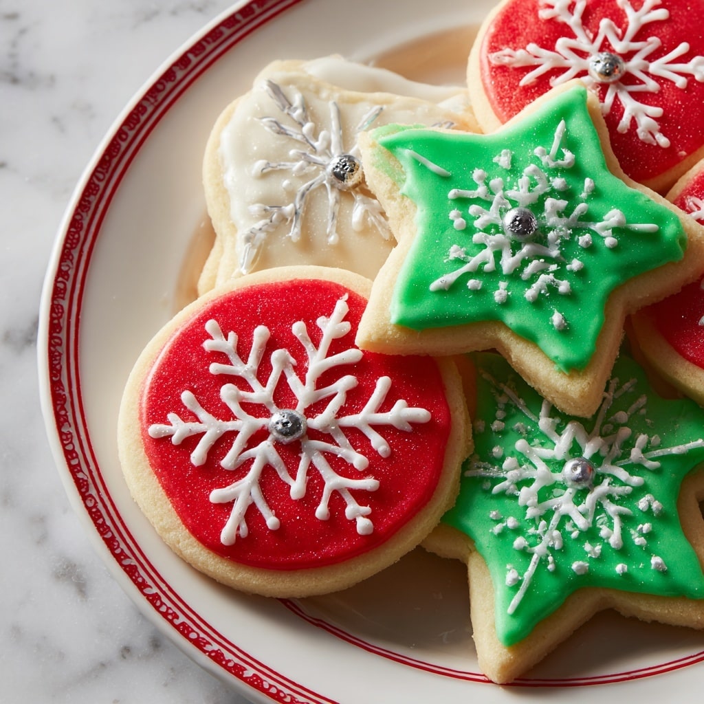 The image shows close-up of star-shaped sugar cookies with two different icing designs. One cookie has a bright red base layer of smooth icing covering the top, topped with white icing drawn in a snowflake pattern with textured dots and lines, and a small silver edible bead at the center. The other cookies have a green base layer of smooth icing with similar white snowflake icing decoration and a silver edible bead in the center. The cookies are thick with a soft beige color under the icing and arranged closely on a white marbled surface, showing a festive holiday look. photo taken with an iphone --ar 4:5 --v 7