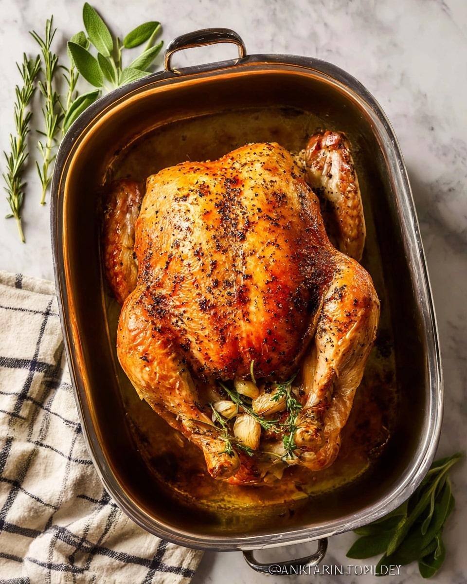 A whole roasted turkey with golden brown, crispy skin speckled with black pepper sits centered on a white plate with blue floral patterns, garnished with sprigs of fresh green herbs peeking out from underneath. The turkey's wings and legs are neatly tucked, showing a juicy and well-cooked texture. The background is a white marbled surface, adding a clean and bright contrast to the rich colors of the turkey. photo taken with an iphone --ar 4:5 --v 7