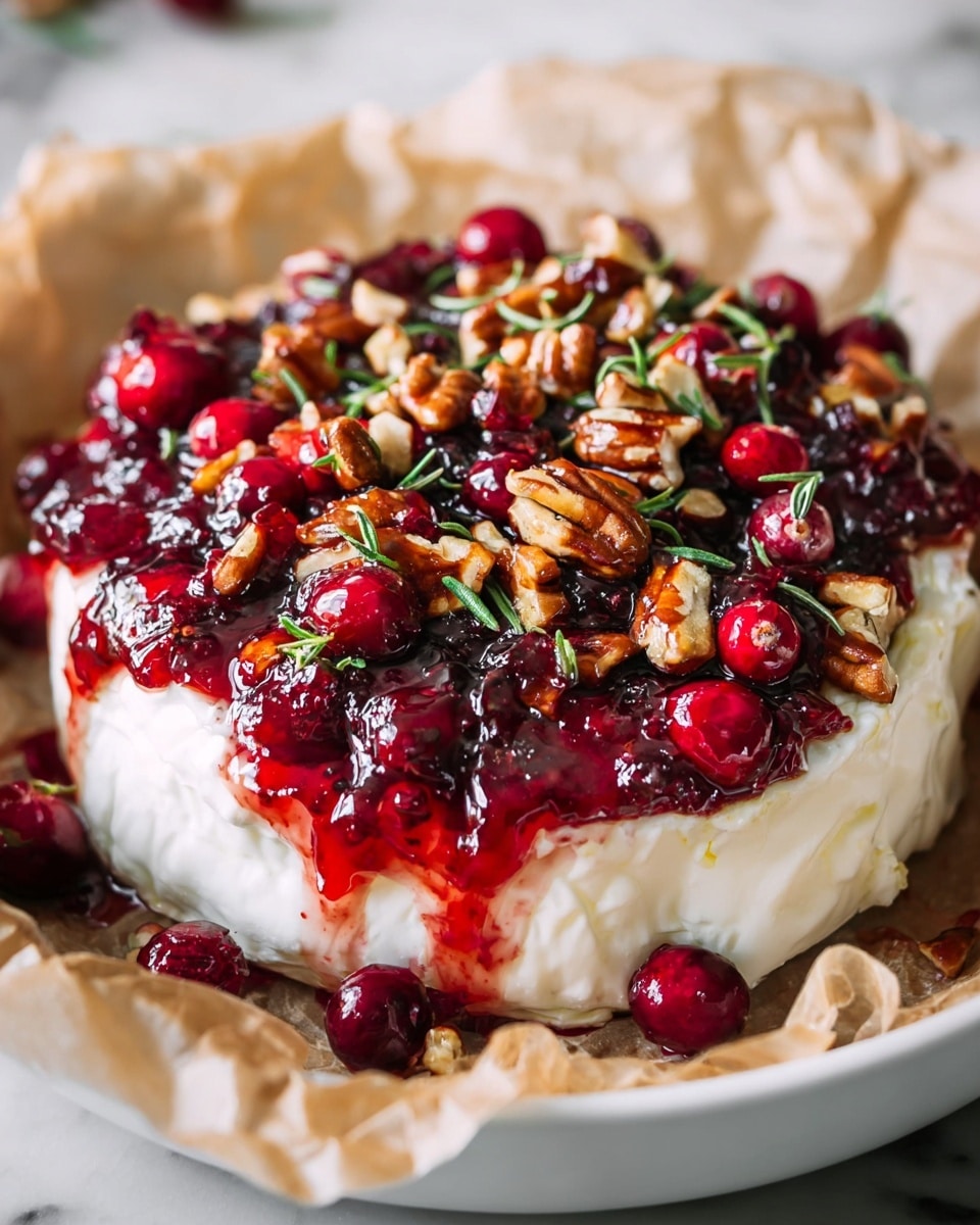 A round wheel of soft white cheese with a smooth and creamy texture forms the base layer. On top, there is a thick, glossy dark red layer of cranberry sauce that drips slightly down the sides, blending with the cheese. Scattered generously over the sauce are bright red whole cranberries, golden-brown chopped pecans, and small green rosemary leaves, adding rough textures and pops of color to the surface. All this sits on crinkled parchment paper inside a white bowl, placed on a white marbled surface. photo taken with an iphone --ar 4:5 --v 7
