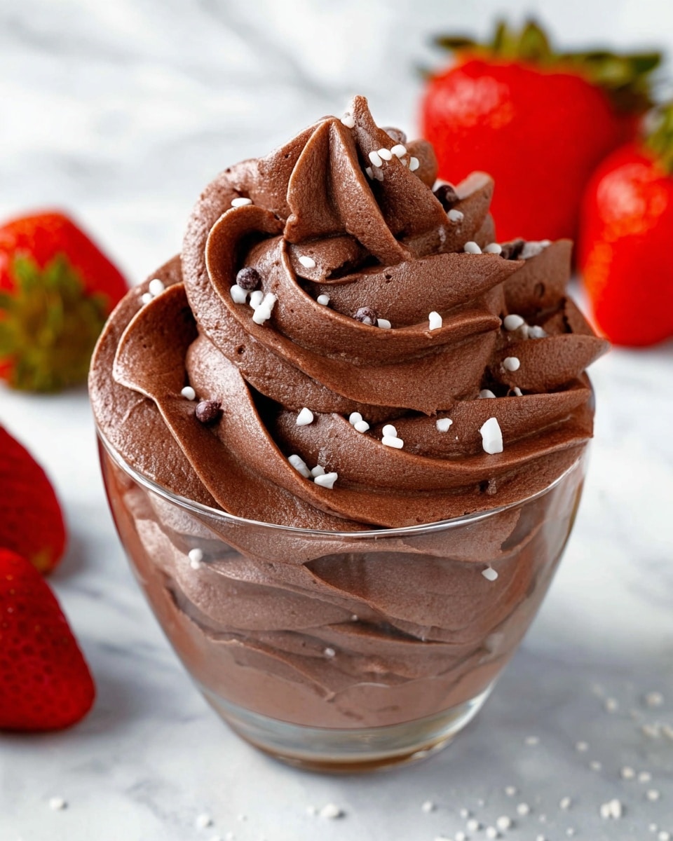 A glass cup filled with rich, dark brown chocolate mousse piped in thick, soft swirls that rise above the rim, with a smooth and creamy texture visible on each fold. Small white and dark chocolate sprinkles dot the top layer, adding a subtle contrast. In the background, bright red strawberries with green tops add a fresh pop of color against a white marbled texture. The mousse looks light and airy, with several layers of the swirled chocolate cream tightly packed in the clear glass cup, showing the depth of the dessert. Photo taken with an iphone --ar 4:5 --v 7
