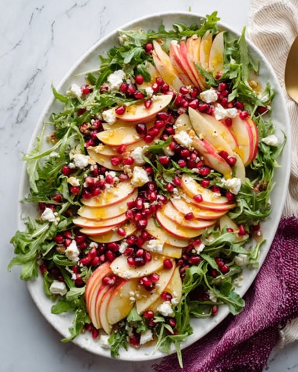The image shows a white oval plate on a white marbled surface, filled with a fresh salad arranged in several layers. The base layer is made of green arugula leaves that cover the plate evenly. On top, there are thinly sliced apple pieces with red and yellow skin, fanned out in small bunches across the salad. Bright red pomegranate seeds are scattered generously over the arugula and apple slices. Small white crumbles of cheese are sprinkled throughout, adding texture and contrast. A woman's hand is holding the edge of a beige napkin with a purple cloth underneath on the side. photo taken with an iphone --ar 4:5 --v 7