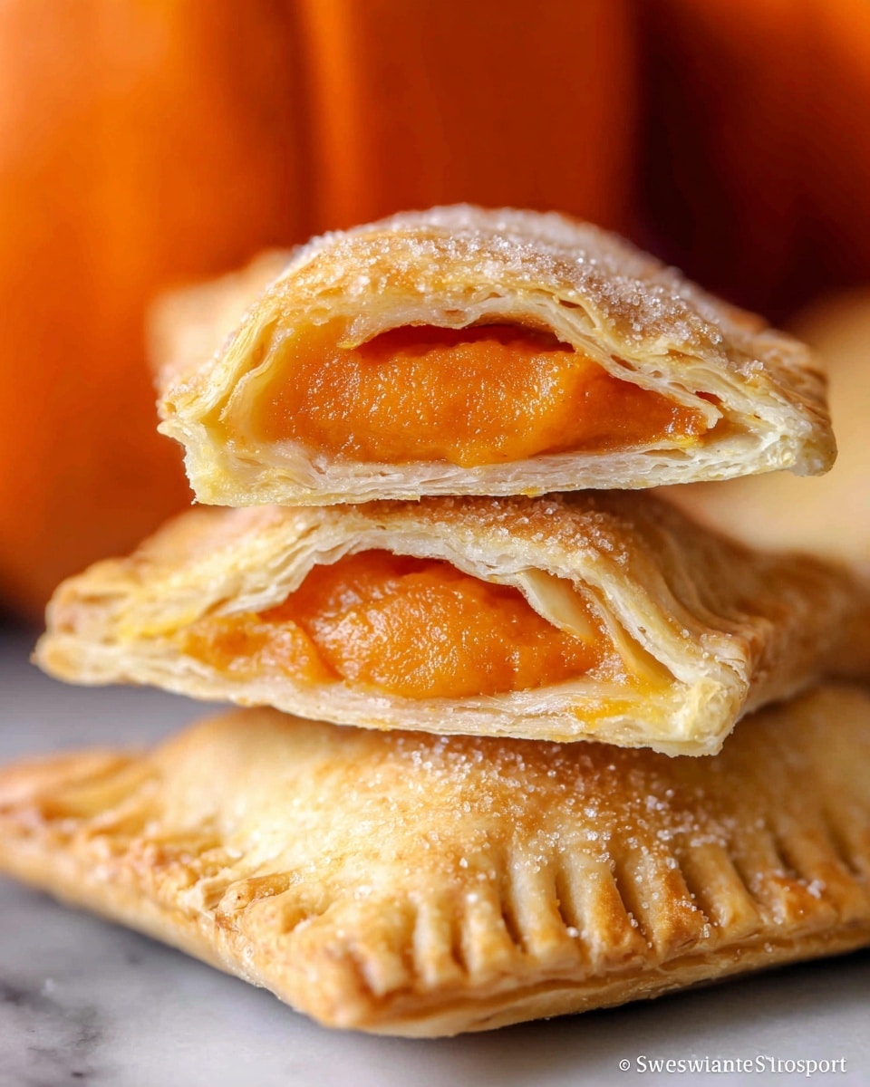 The image shows a close-up of a golden-brown pastry, folded and baked with a flaky crust that has a slight sugar sprinkle on top, giving it a shiny texture. Inside, there is one visible layer of thick, smooth orange filling, which looks soft and creamy, hugging the inner side of the pastry crust. The pastry sits on a stack of similar pastries with crimped edges, all resting on a white marbled surface. In the background, there is a large, out-of-focus deep orange element resembling a pumpkin. photo taken with an iphone --ar 4:5 --v 7