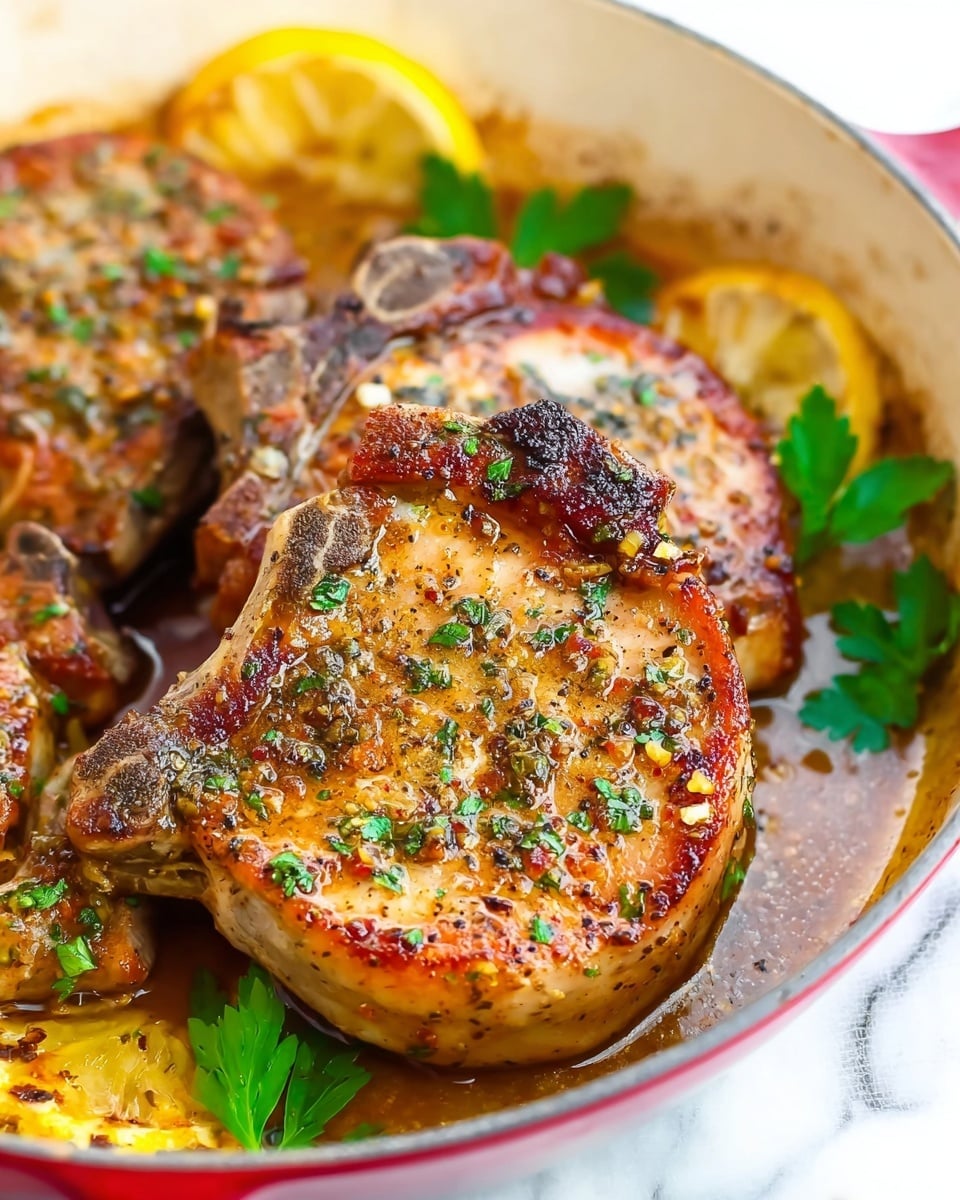 The image shows three cooked pork chops inside a white pan with a dark blue rim. The pork chops have a golden-brown and slightly charred surface covered in seasoning and herbs. There is a light brown sauce pooled around the pork chops. Two lemon wedges, bright yellow with a juicy texture, are placed beside the pork chops. Fresh green parsley leaves are scattered on top of the meat, adding a pop of color. The pan is placed on a white marbled surface, with part of a red-checked cloth visible on the left. Photo taken with an iphone --ar 4:5 --v 7