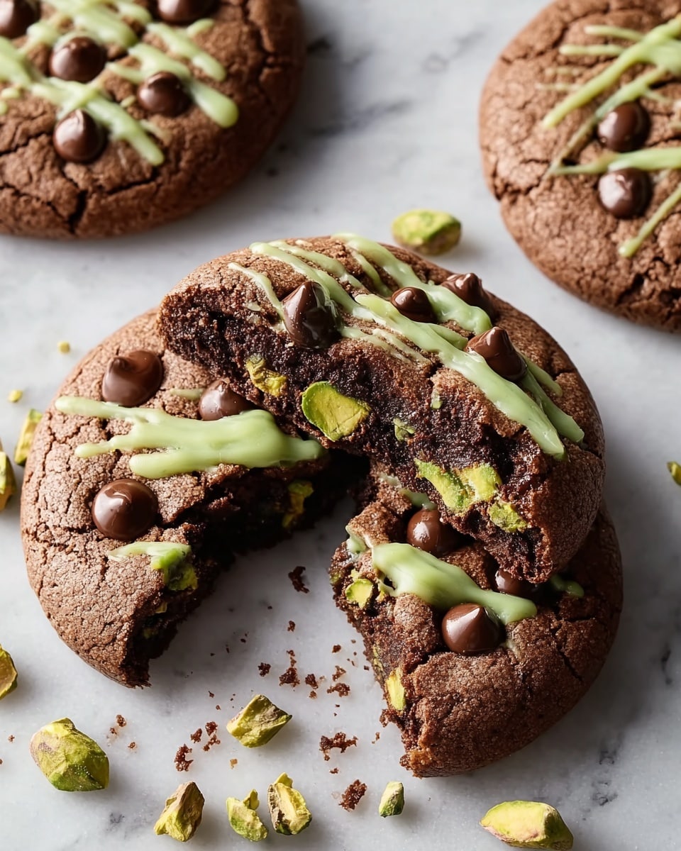 The image shows three thick, round chocolate cookies on a white marbled surface, each with a slightly cracked top. The cookie in the front is broken in half, revealing a rich dark brown interior filled with bright green pistachio pieces and chocolate chips. On top, each cookie has dark chocolate chips embedded and light green drizzle lines across the surface. Scattered pistachio pieces and cookie crumbs lie around the broken cookie, enhancing its texture and color contrast. photo taken with an iphone --ar 4:5 --v 7