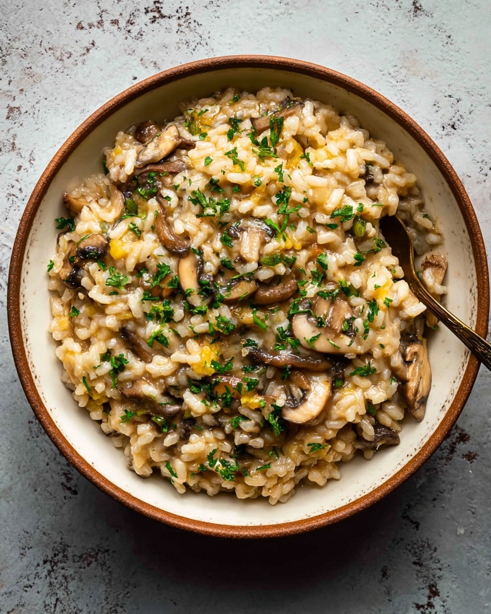 A close-up view of a creamy mushroom risotto served in a white bowl with a brown rim, filled to the top with soft, slightly shiny rice grains mixed with browned mushroom slices showing light and dark brown shades, small pieces of yellow vegetable, and sprinkled with finely chopped green herbs evenly spread across the surface. A bronze-colored spoon rests inside the bowl on the top right side, partially submerged in the textured rice. The bowl sits on a white marbled textured surface. photo taken with an iphone --ar 4:5 --v 7