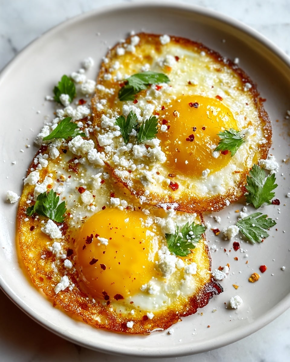 The image shows two sunny-side-up fried eggs with bright yellow yolks and slightly crispy white edges, lying side by side on a white plate. The eggs are topped with small white crumbles of cheese scattered evenly across the surface. Fresh green parsley leaves are sprinkled over the eggs, adding a touch of color, along with tiny red chili flakes giving a hint of spiciness. The plate has a simple and clean look, sitting on a white marbled surface. photo taken with an iphone --ar 4:5 --v 7