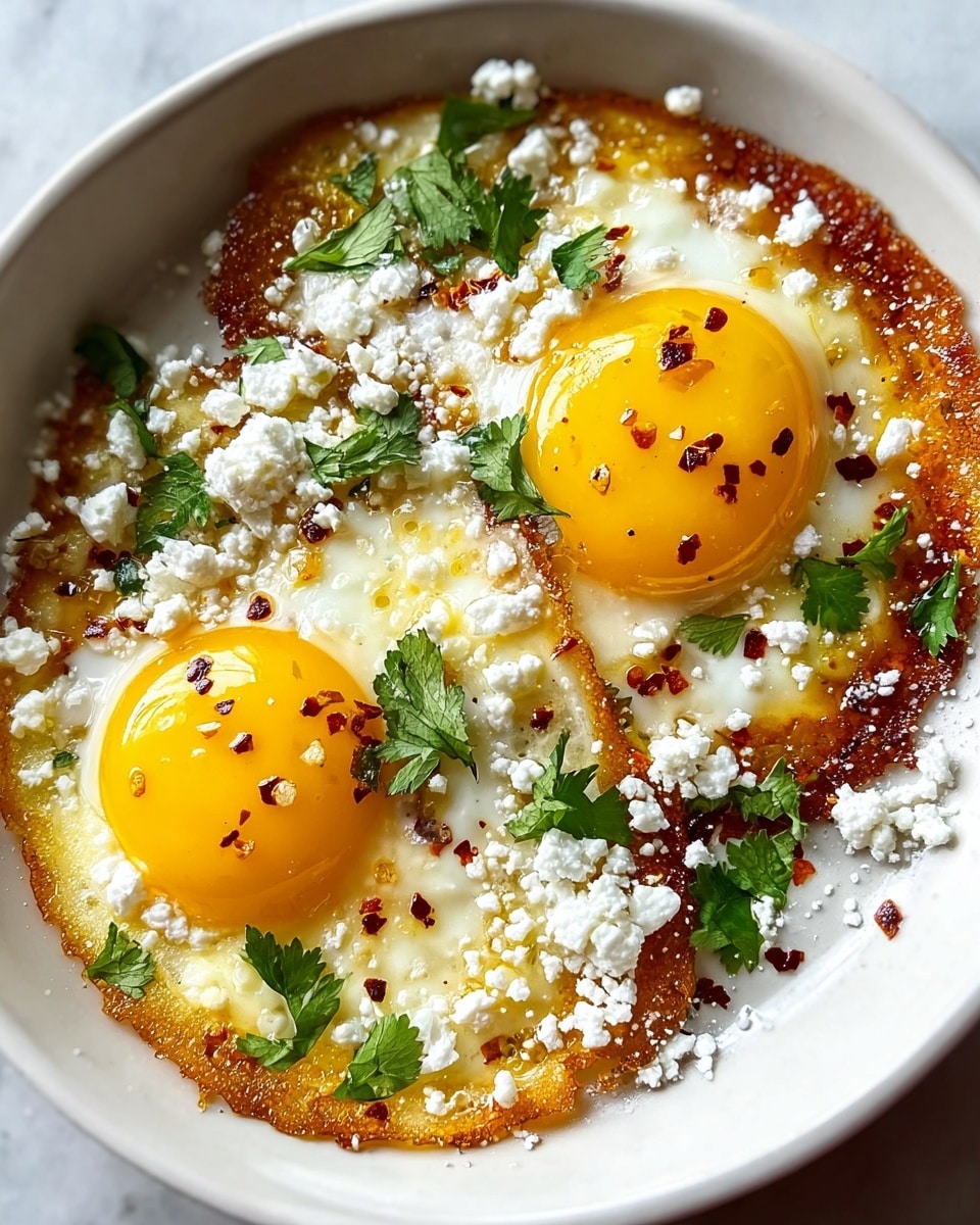 A white bowl holds two sunny-side-up eggs with golden yellow, glossy yolks centered on slightly crispy, browned white egg whites. Each egg is generously topped with white crumbled cheese and scattered green parsley leaves, creating contrast. There are also small red chili flakes sprinkled on the yolks and some on the surrounding egg whites, adding a pop of color. The edges of the eggs show a crunchy texture with a warm golden brown hue. The bowl sits on a white marbled surface. photo taken with an iphone --ar 4:5 --v 7