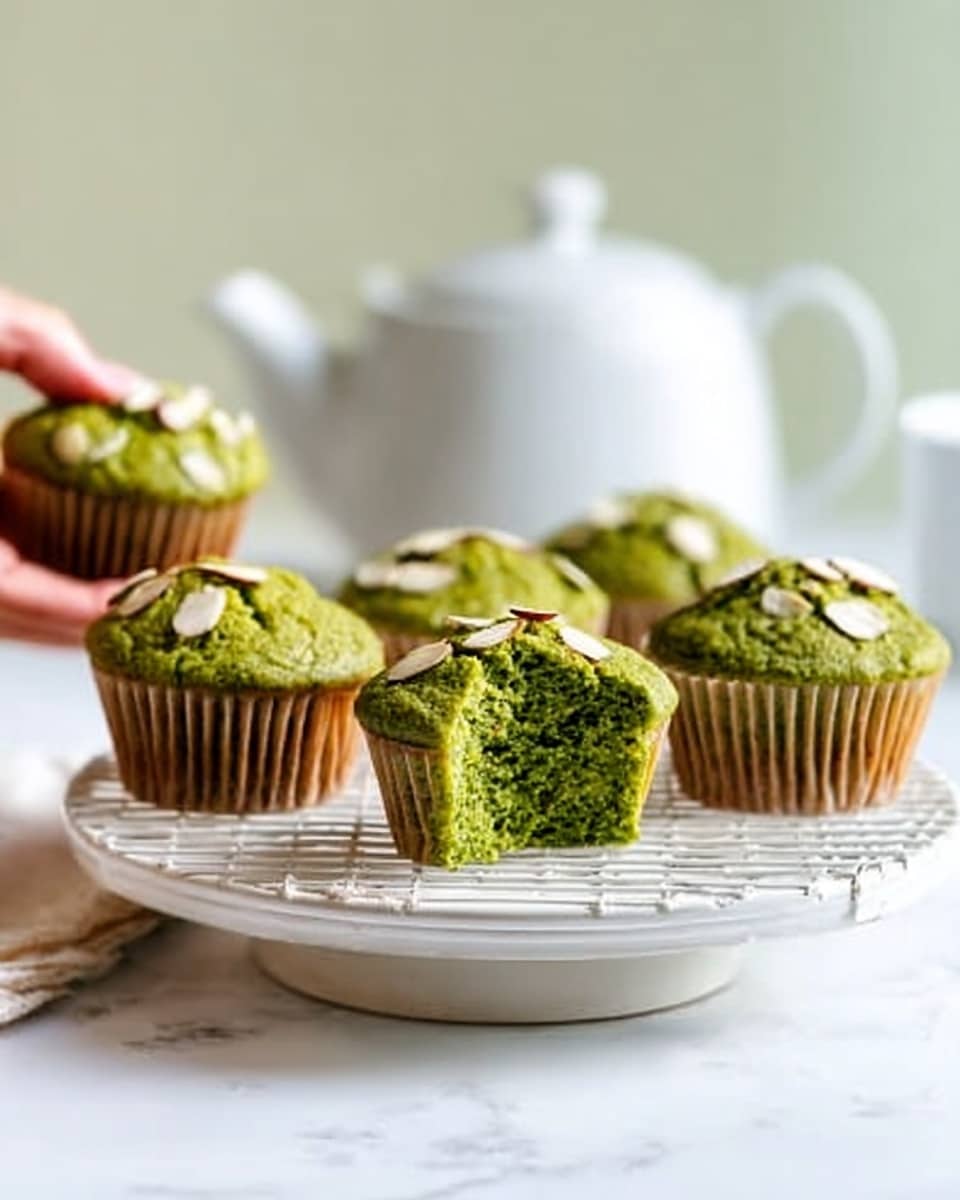A white cake stand on a white marbled surface holds six green muffins with a textured top, three in the front and three slightly behind. One muffin is cut in half showing a soft, moist green inside with white almond flakes on top. A white teapot is blurred in the background to the left. The scene is bright with soft natural light, highlighting the muffins' green color. A woman's hand with a finger is gently holding the muffing half on the left side. The overall look is clean and fresh. photo taken with an iphone --ar 4:5 --v 7