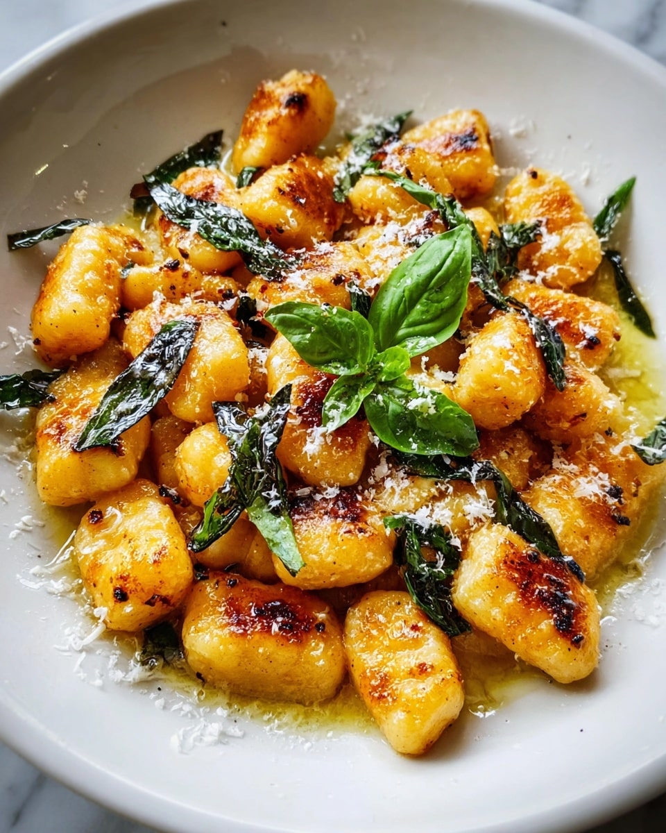 The image shows a round white bowl with a blue patterned rim filled with small, soft, orange gnocchi pieces covered in a rich brown sauce. The gnocchi are sprinkled with finely grated cheese that adds a light powdery texture on top. Small green herb bits are scattered evenly across the dish, adding a fresh color contrast. The bowl is placed on a white marbled surface, with a rough textured beige cloth nearby. A woman's hand is holding a silver fork, lifting some gnocchi from the bowl. Photo taken with an iphone --ar 4:5 --v 7