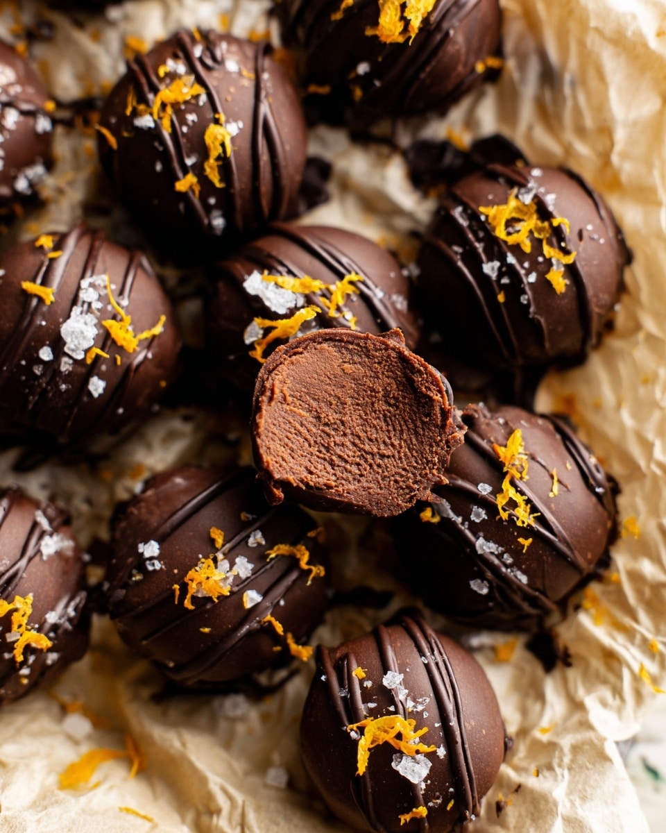 A close-up view of round chocolate truffles arranged on crumpled parchment paper over a white marbled surface. Each truffle has a smooth, dark chocolate coating with a glossy texture, decorated with thin drizzle lines of darker chocolate and small orange zest flakes scattered on top. One truffle in the center is bitten into, showing a dense, rich, creamy chocolate filling inside with a fine, slightly textured surface. Sea salt flakes are sprinkled sparsely over the truffles and parchment, adding a touch of contrast. The image shows a warm, inviting tone with clear focus on the details of the truffles, photo taken with an iphone --ar 4:5 --v 7