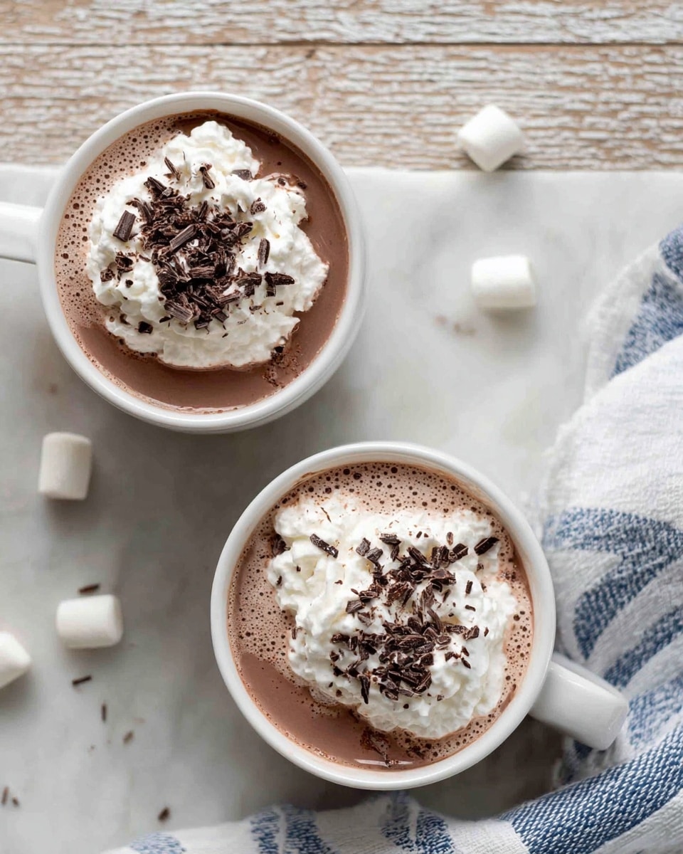 Two white cups filled with smooth, light brown hot chocolate are shown from above, each topped with a thick layer of fluffy white whipped cream that has a soft, swirled texture. On top of the whipped cream, there are small, dark chocolate shavings scattered unevenly, adding a textured contrast. Around the cups on the white marbled surface, a few small white marshmallows lie scattered, enhancing the cozy look. A soft, white cloth with blue stripes is partially visible near the bottom right cup. Photo taken with an iphone --ar 4:5 --v 7
