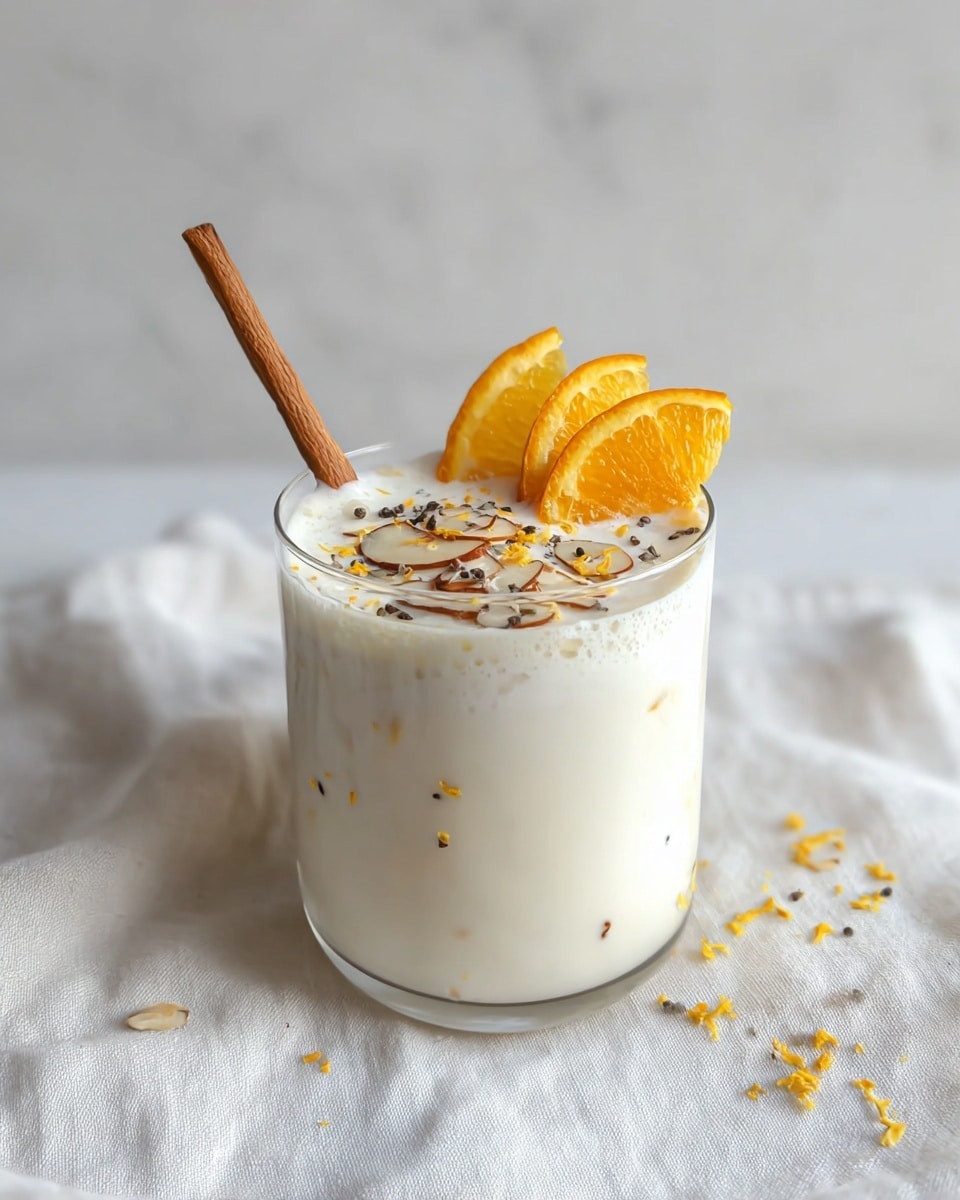 A white cup filled with a creamy, frothy white drink that has a smooth texture; the top layer is thick foam sprinkled with small black specks and garnished with thin yellow zest shreds along with small white pieces, possibly white chocolate, on one side; a small wooden stick is placed inside the cup on the right side; the cup sits on a white marbled surface underneath a soft white cloth that has subtle folds and creases. photo taken with an iphone --ar 4:5 --v 7