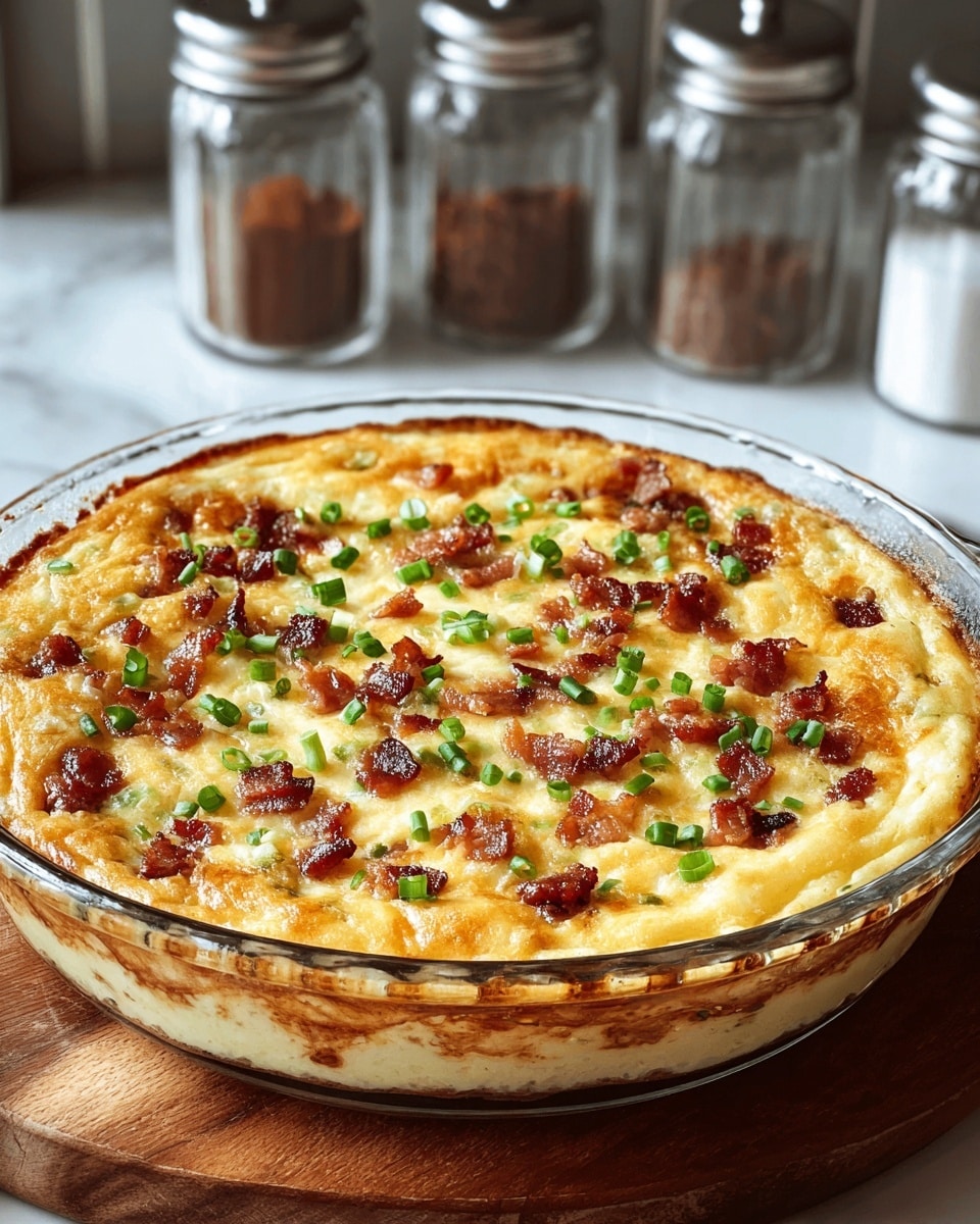 A round glass dish holds a golden-brown baked casserole with a slightly crispy, puffed-up edge. The casserole surface is creamy yellow with melted cheese showing a bubbly texture. Scattered on top are small chunks of browned bacon and bright green chopped scallions, adding color and texture contrast. The dish sits on a wooden board, set against a background of clear spice jars on a white marbled surface, creating a warm and inviting kitchen scene. Photo taken with an iphone --ar 4:5 --v 7