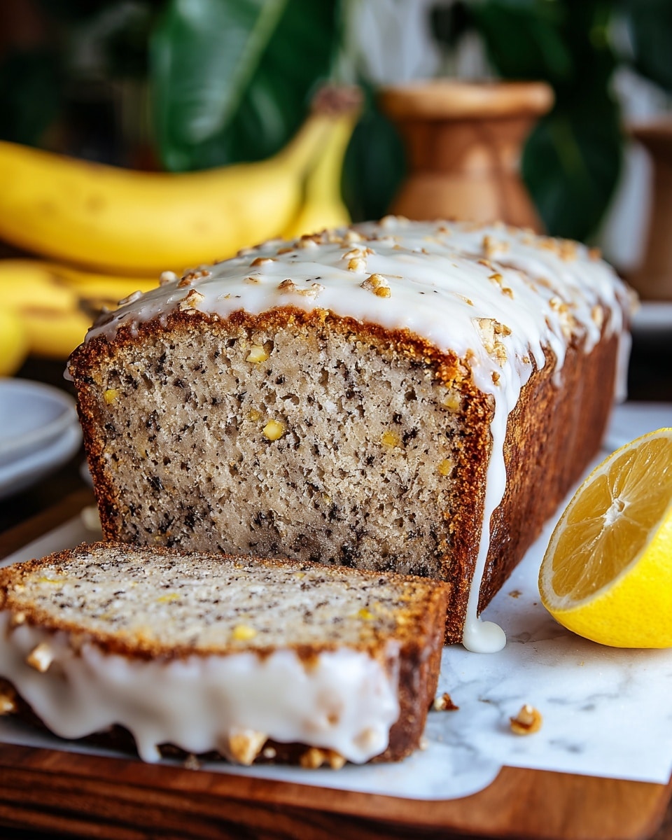 A loaf of banana bread sits on a wooden board placed on a white marbled surface. The banana bread has a moist texture with small dark specks of banana and nuts visible throughout its dense, light brown interior. On top, there is a thick layer of white glaze that smoothly covers the bread's golden-brown crust, sprinkled with small crunchy bits. One slice is cut in front of the loaf, showing the inside texture and a bit of glaze dripping down its side. Nearby, ripe yellow bananas and a lemon add a fresh touch to the scene. The background is softly blurred with green leaves and kitchen items. Photo taken with an iphone --ar 4:5 --v 7