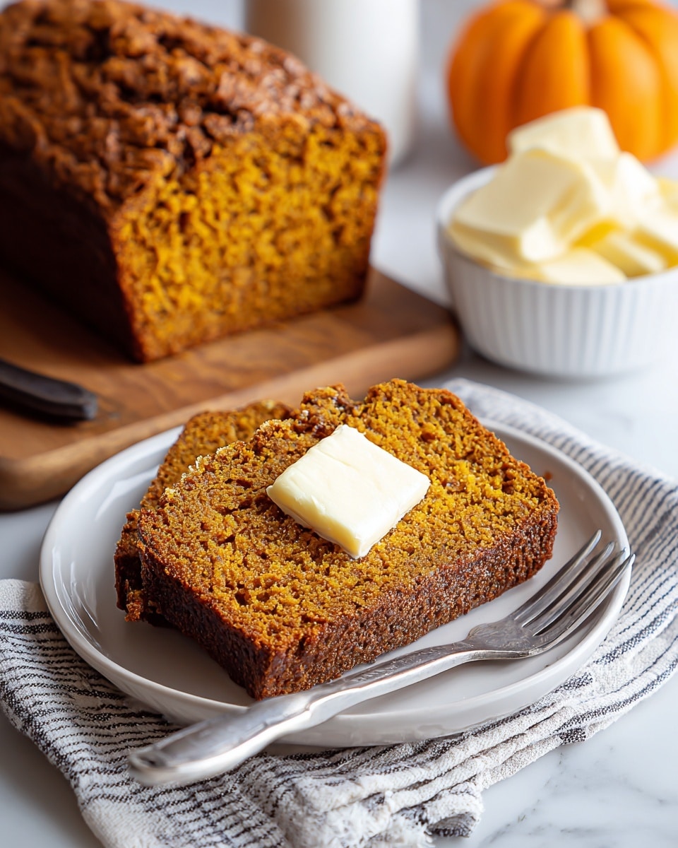 A single thick slice of moist pumpkin bread with a rich golden-brown crumb and a dark brown crust sits centered on a white plate, topped with a slightly melting square of pale butter in the middle. To the side of the plate is a silver fork resting on a white and gray striped cloth. Behind this, a white bowl holds more butter slices, and a large loaf of pumpkin bread with a rough textured top is positioned on a wooden cutting board. A small orange pumpkin is faintly visible in the blurred background, all placed on a white marbled surface. photo taken with an iphone --ar 4:5 --v 7
