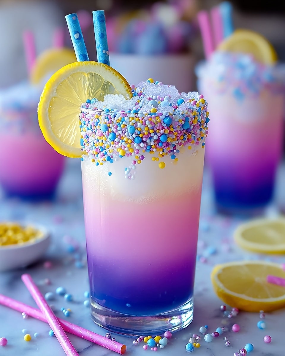 A tall clear glass shows a three-layered drink starting with a deep violet blue at the bottom, fading into a bright pink middle, and topped with white, giving a soft ombre effect. The rim is covered with colorful small round sprinkles in blue, white, pink, and yellow, which also pile up on top like a small heap. Two paper straws, one blue and one pink, poke out from the drink near a lemon slice placed on the rim. The glass sits on a white marbled surface scattered with matching sprinkles and thin pink sticks around, with blurred similar drinks in the background. Photo taken with an iphone --ar 4:5 --v 7