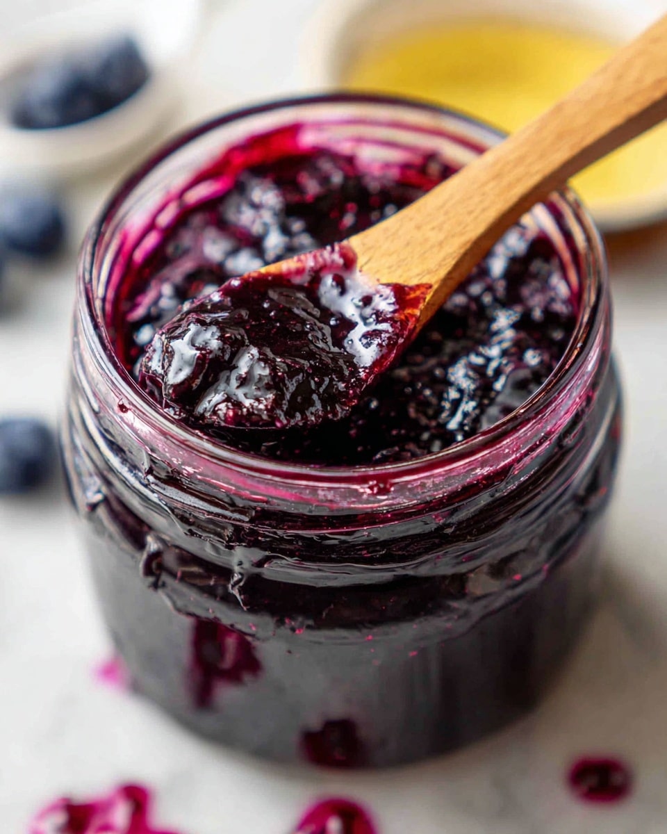 A close-up image of a glass jar filled with thick, dark purple blueberry jam. The jam has a glossy, slightly chunky texture with visible blueberry pieces. A small wooden spoon is partially dipped into the jam inside the jar, with some jam coating the spoon. Around the rim of the jar, smears of jam add a splash of bright purplish-red color. The jar is set on a white marbled surface, and a blueberry on a small white spoon can be seen blurred in the background. Photo taken with an iphone --ar 4:5 --v 7