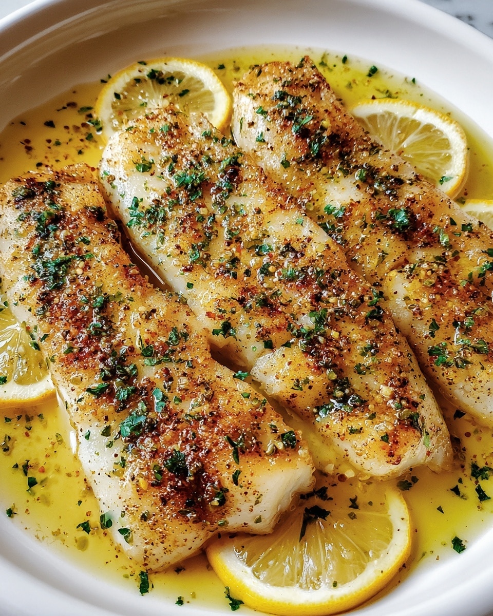 The image shows a white plate filled with four pieces of cooked fish fillets arranged in a slightly overlapping row. Each fillet is golden-brown with a slightly crispy texture and topped with finely chopped green herbs. The fish sits in a shallow pool of yellow butter sauce, which has visible droplets of oil and small seasoning specks. Around the edges of the fish are four thin lemon slices, adding a bright yellow color with fresh green herb bits sprinkled on them. The white marbled surface beneath the plate adds a clean and simple background. photo taken with an iphone --ar 4:5 --v 7
