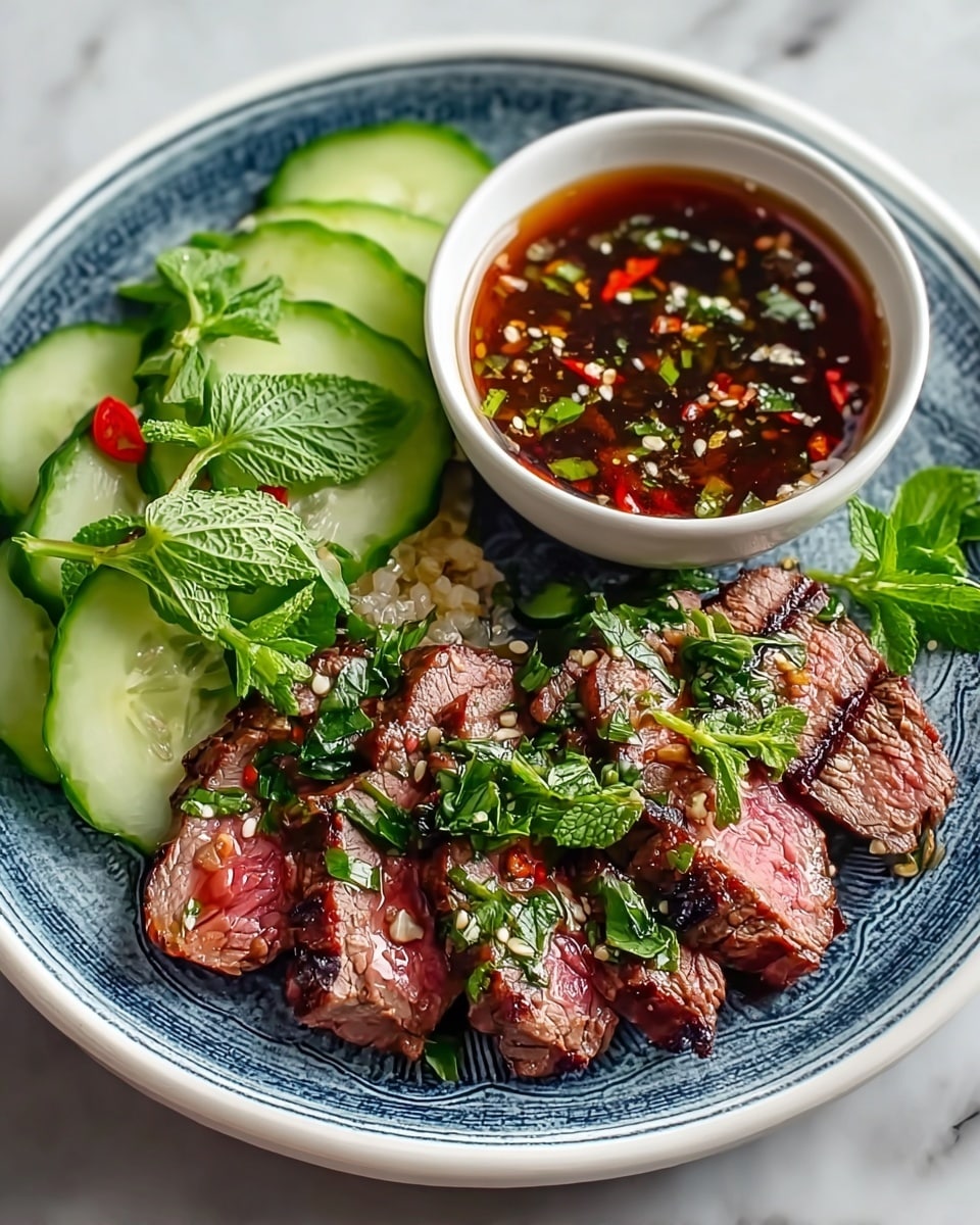 The dish shows sliced grilled steak arranged in the center of a white plate with a blue patterned edge, cooked medium rare with a pink center and brown grill marks, topped with fresh green herbs scattered over it. On the upper side of the plate, there are several thick slices of bright green cucumber overlapping. To the top right, a small white bowl is filled with a dark brown sauce containing red chili pieces, white sesame seeds, and green herbs. The plate sits on a white marbled textured surface, and the overall look is fresh and colorful. photo taken with an iphone --ar 4:5 --v 7