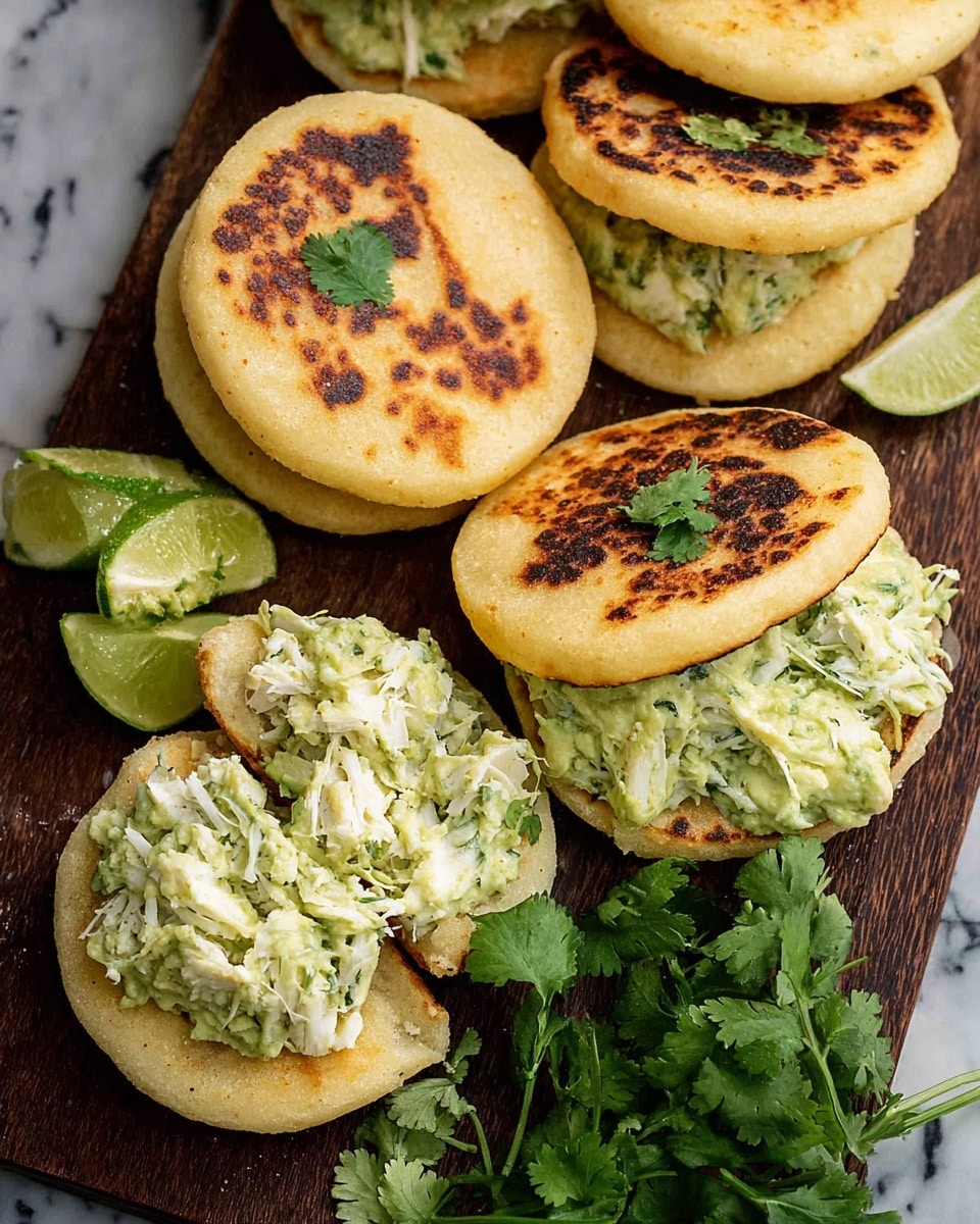 The image shows several arepas on a dark wooden surface with a white marbled texture background visible at the edge. Each arepa is golden brown and slightly charred on the outside. Three arepas are filled with a creamy, light green mixture that looks shredded and textured, spilling out between the two halves of the arepas. A small green cilantro leaf tops each plain arepa. Bright green lime wedges and a bunch of fresh cilantro leaves are placed near the arepas, adding color contrast. The photo taken with an iphone --ar 4:5 --v 7